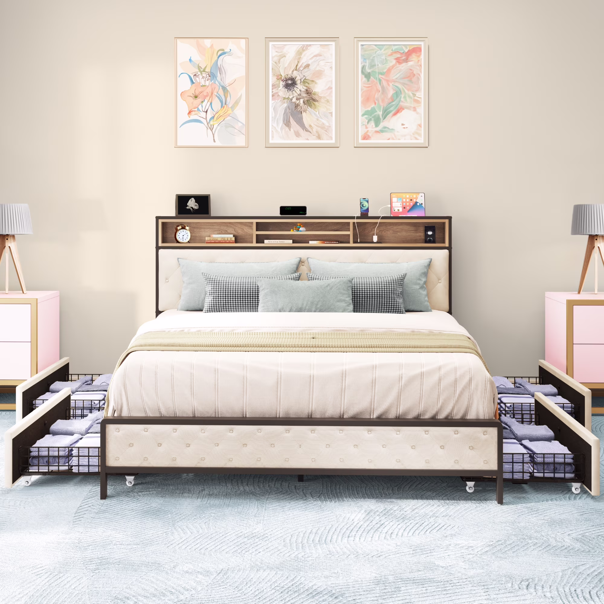 Dextrus Upholstered King Size Bed Frame, Beige Platform Bed Frame with 4 Storage Drawers, and Charging Station, No Box Spring Needed