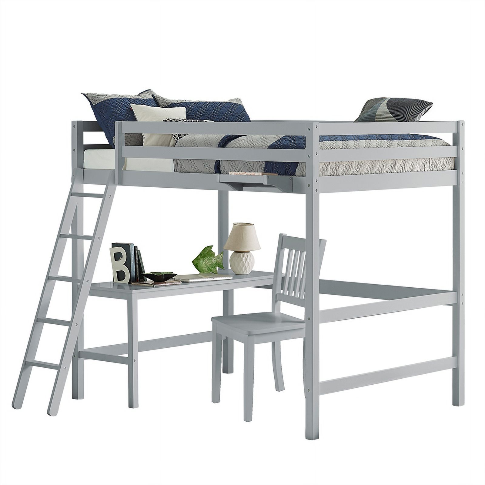 Rosebery Kids Caspian Wood Full Loft Bed with Chair & Hanging Nightstand in Gray