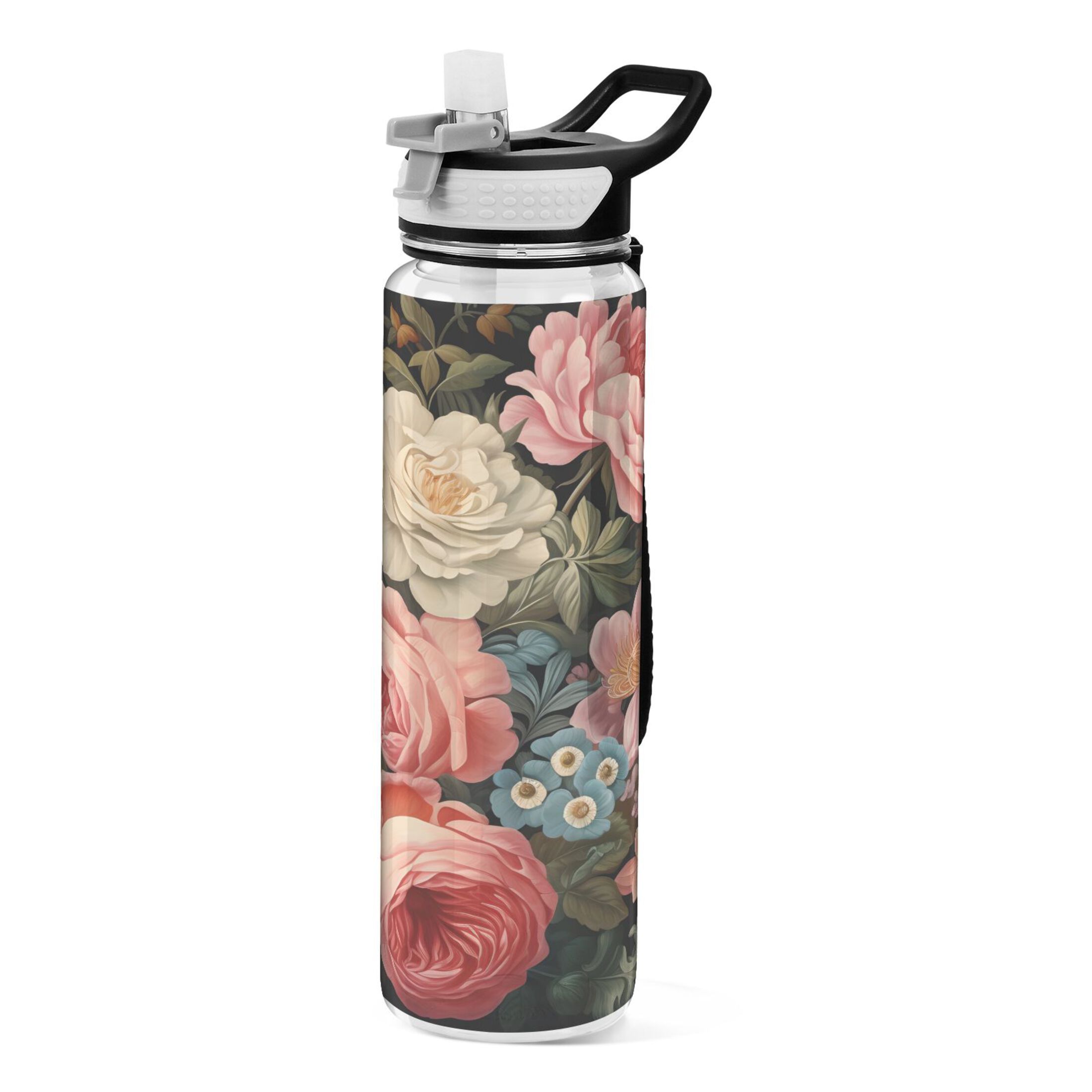 Pink and Blue Flowers Roses 32oz Water Bottles with Straw Tritan Leakproof Sports Bottle BPA Free Clear for Fitness Gym Swimming Cycling