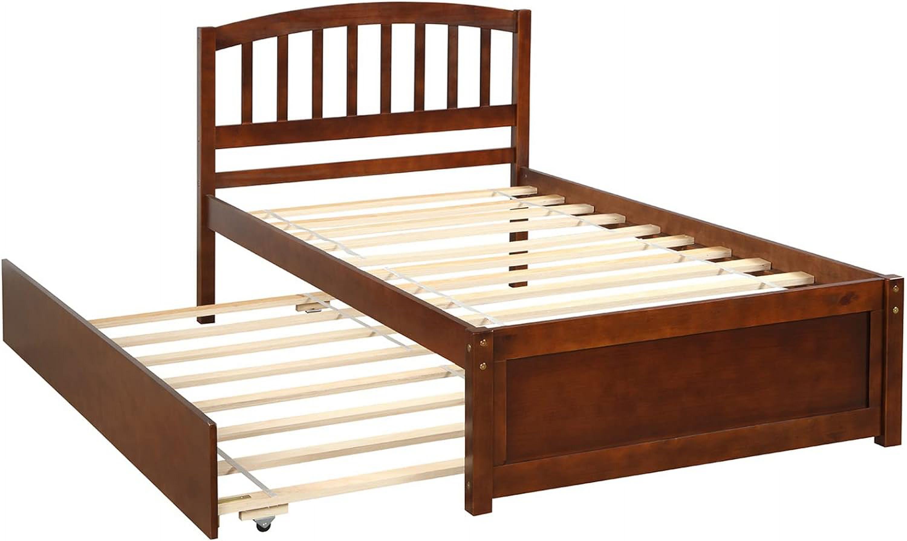 Bed With Trundle Wooden Platform Bed Frame With Headboard Solid Wood Captain Beds For Boys Girls Kids Teens, No Box Spring Needed, Walnut