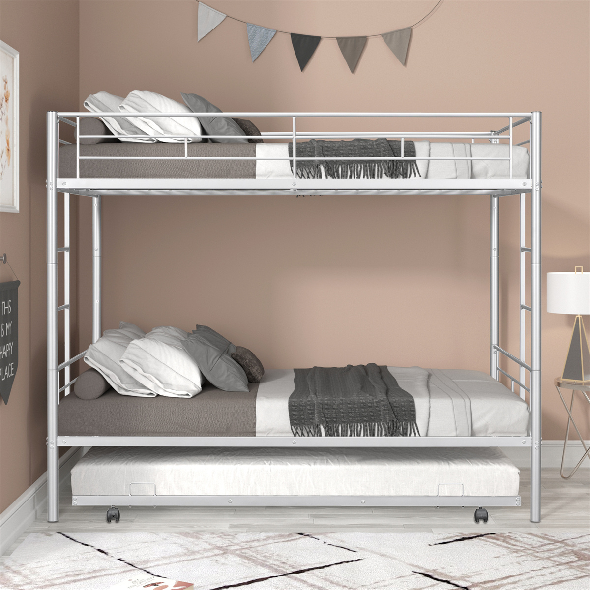 Heavy-duty Twin over Twin Bunk Bed with Trundle, Can Be Separated into 2 Twin Beds, Noise Reduced, Safety Guardrail, Trundle for Flexible Space, Bunk Bed for Three, CPC Certified