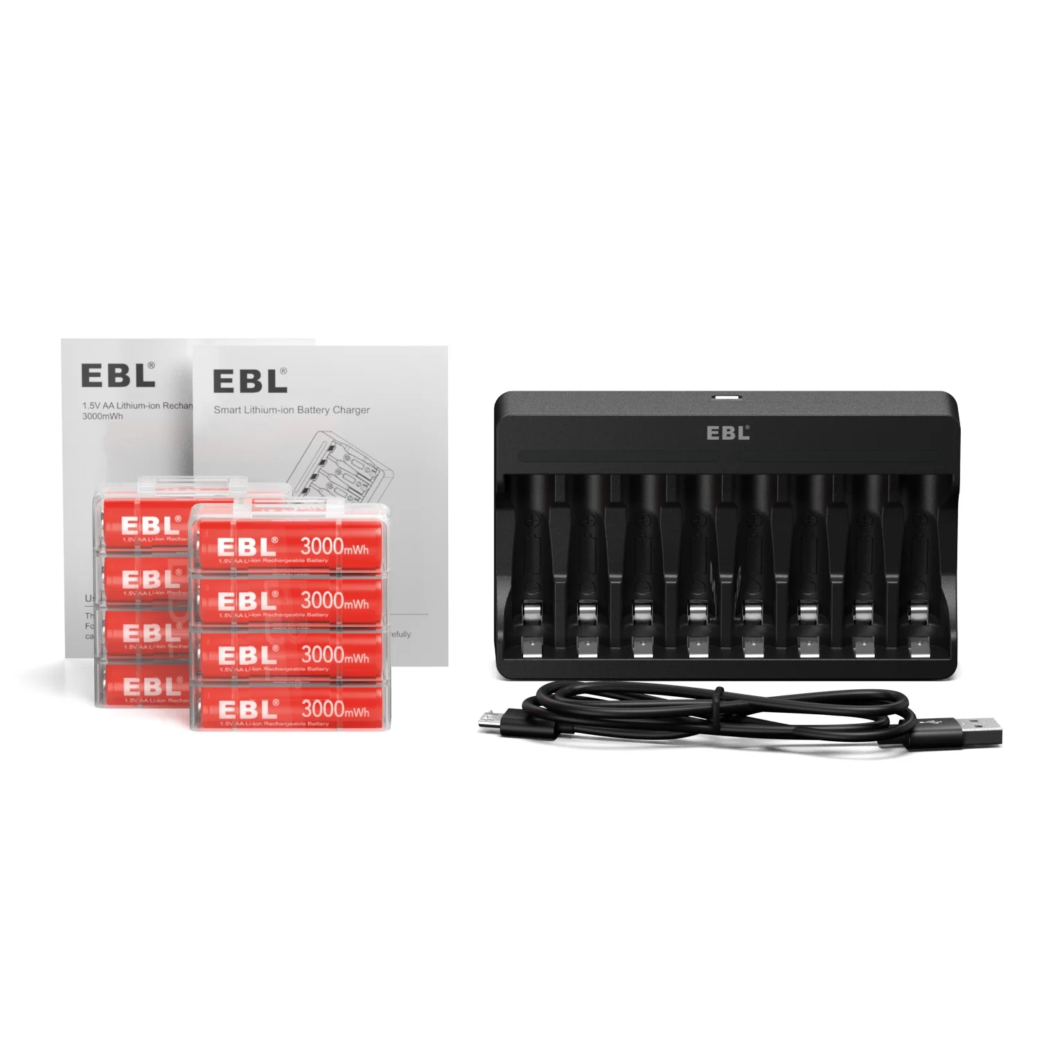 EBL Lithium-Ion Rechargeable AA Batteries (8-Pack) + 8 Slots Smart Battery Charger