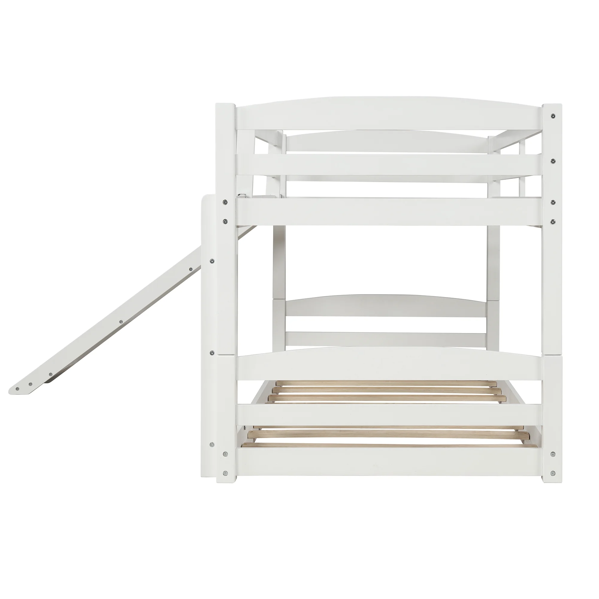 White Twin over Twin Low Bunk Bed with Slide and Ladder