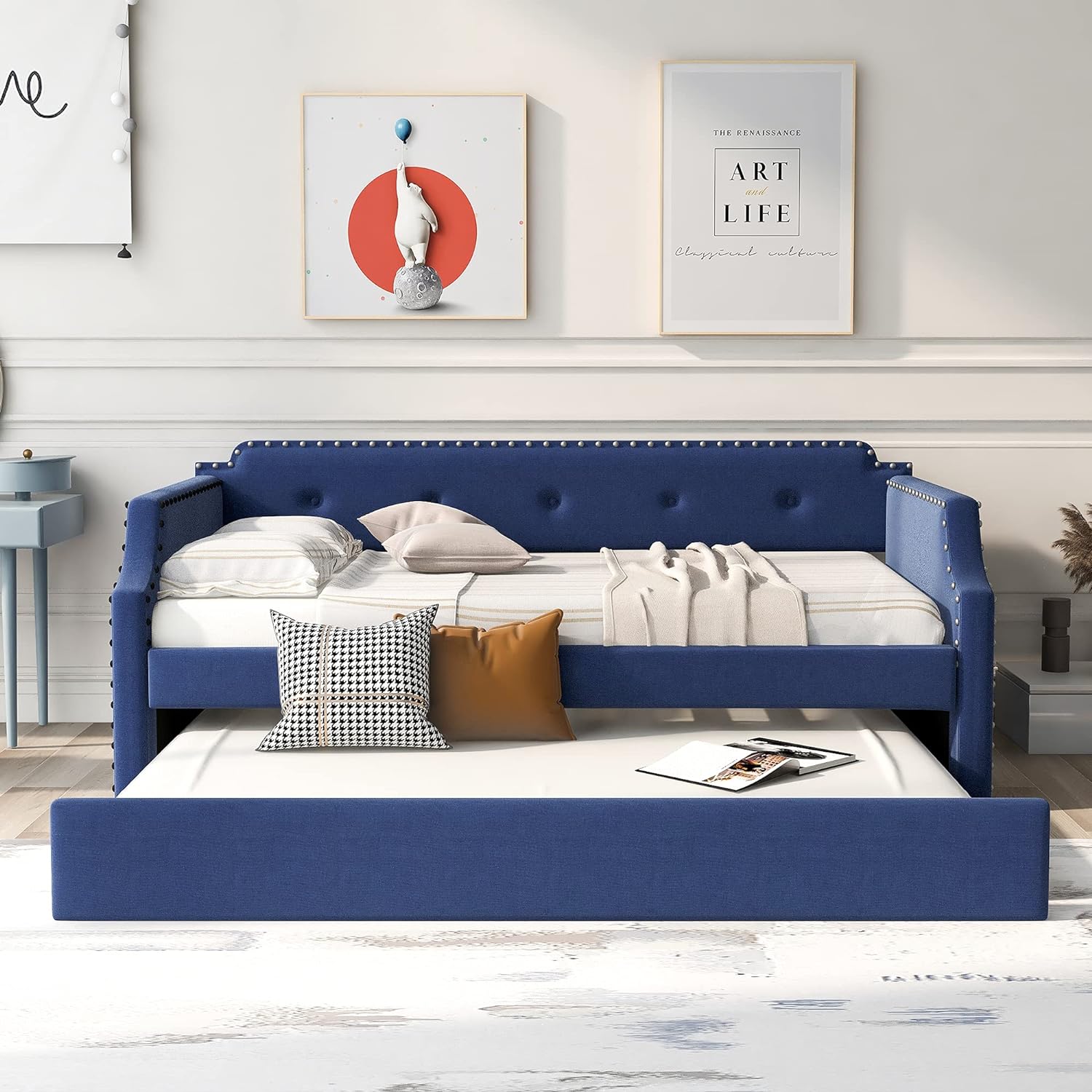 Daybed With Trundle, Upholstered Daybed With Wood Slat Support, Linen Size Sofa Bed Frame For Living Room Bedroom, Blue