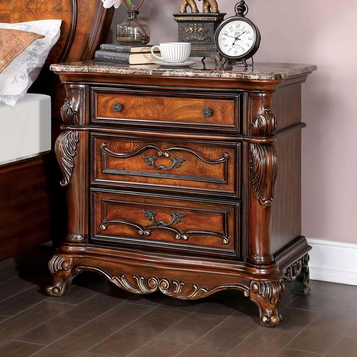 Antique Dark Oak Solid Wood Queen Bedroom Set 5pcs FOA CM7183 Rosewood