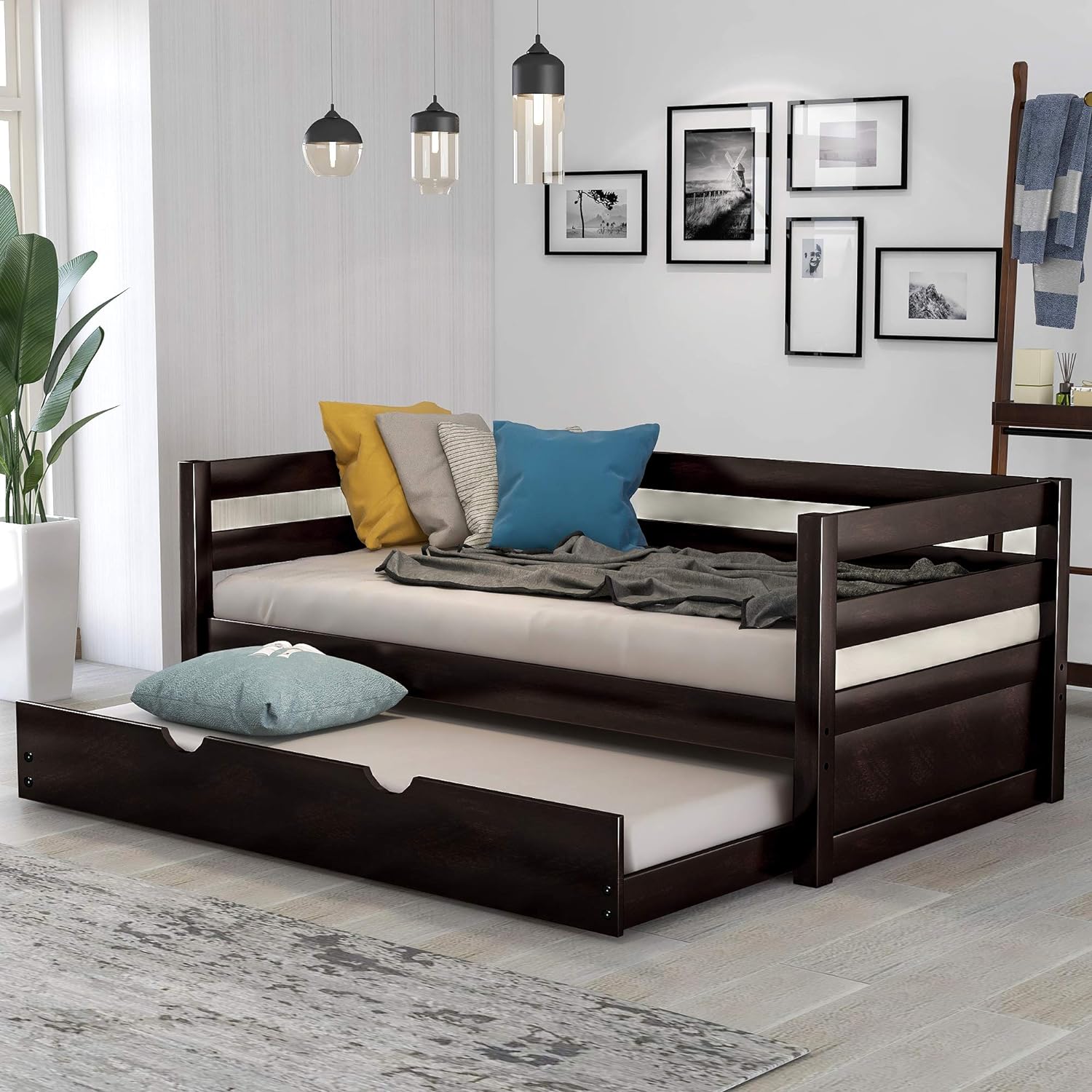 Daybed With Trundle Frame Set, Solid Wood Daybed Frame, Size, No Box Spring Needed, Espresso