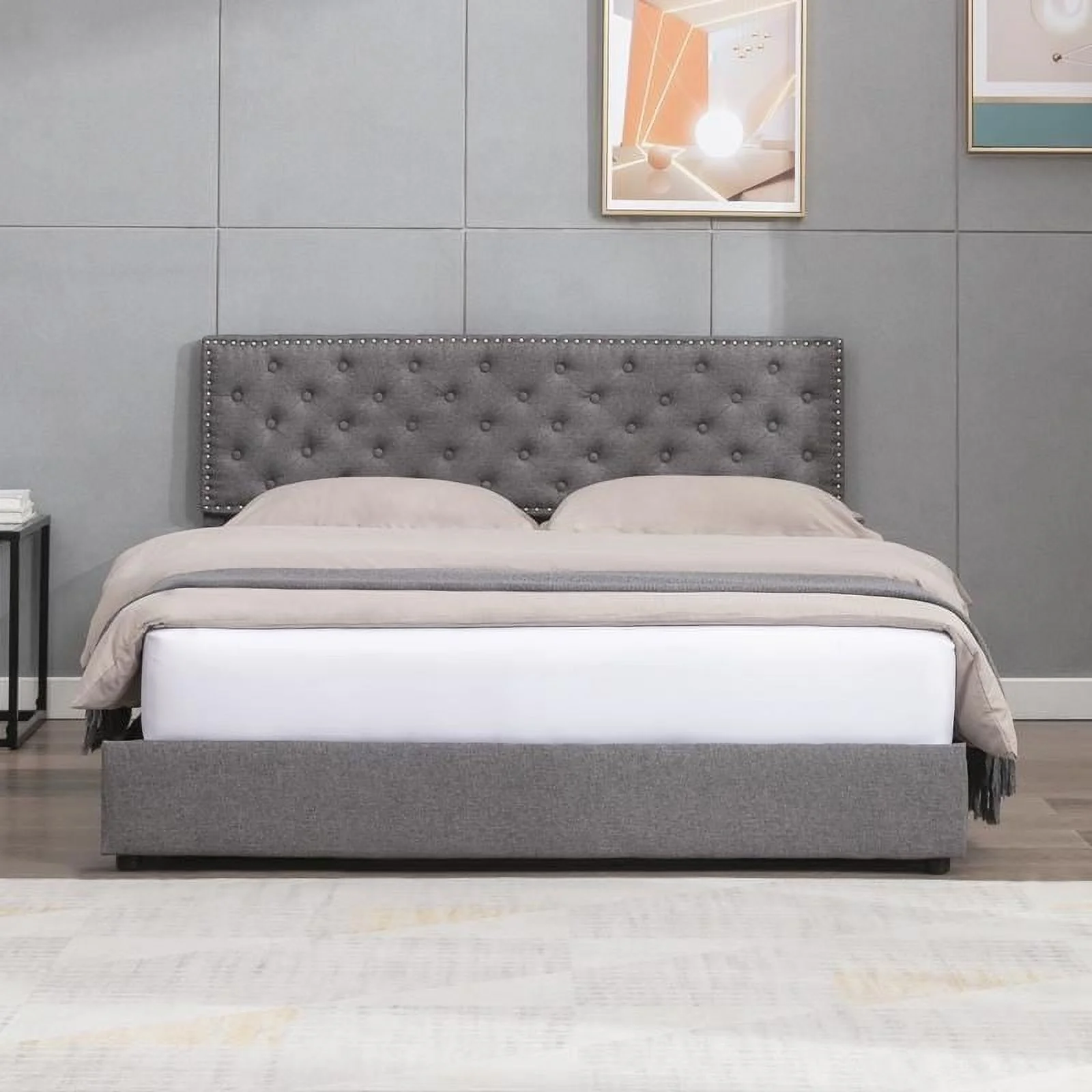 Platform Bed Frame with 4 Large Storage Drawers, King Size Bed Frame with Adjustable Tufted Headboard Light Grey - Queen