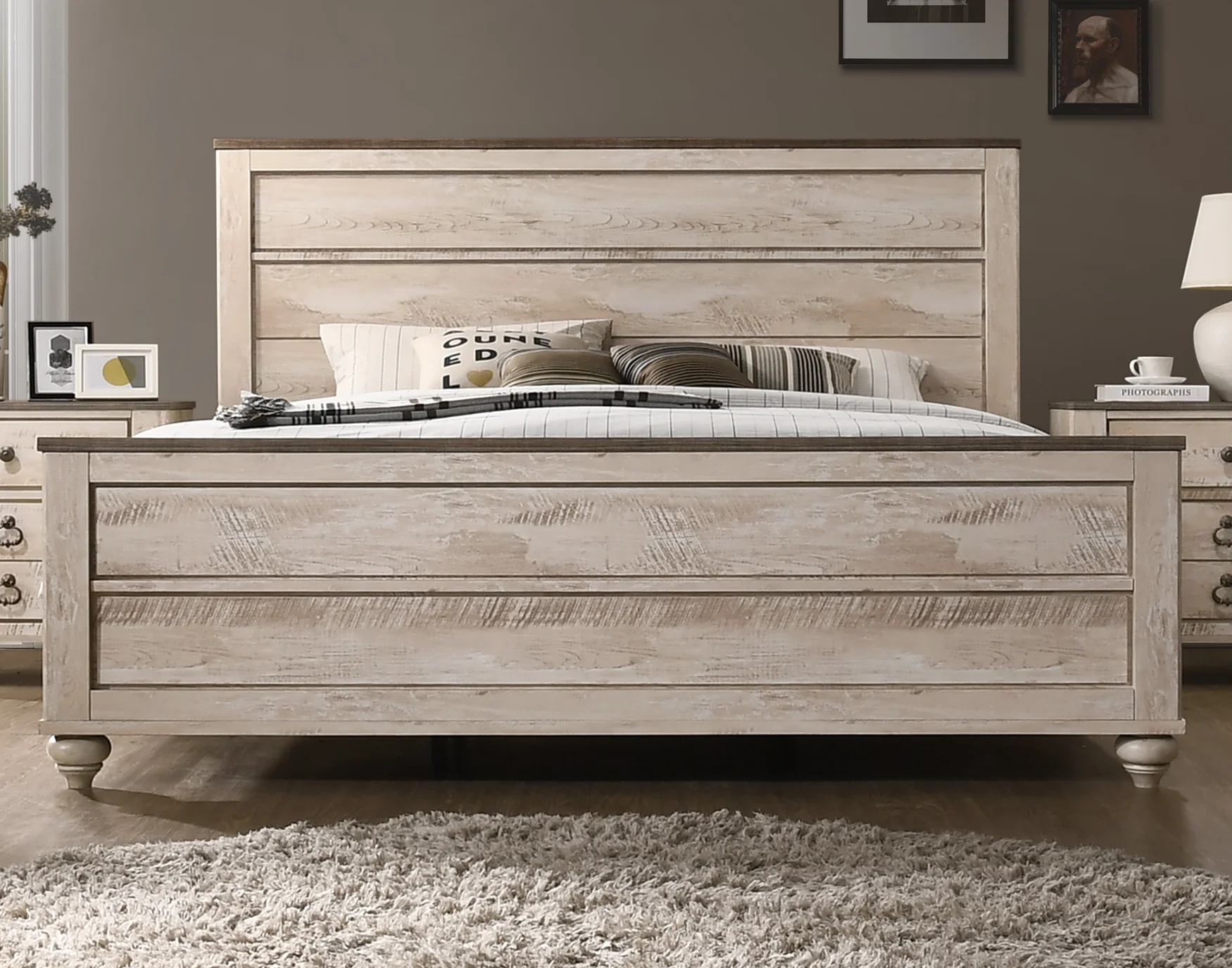 Roundhill Furniture Imerland Contemporary White Wash Finish Bedroom Set, King Bed, Dresser, Mirror, Nightstand and Chest