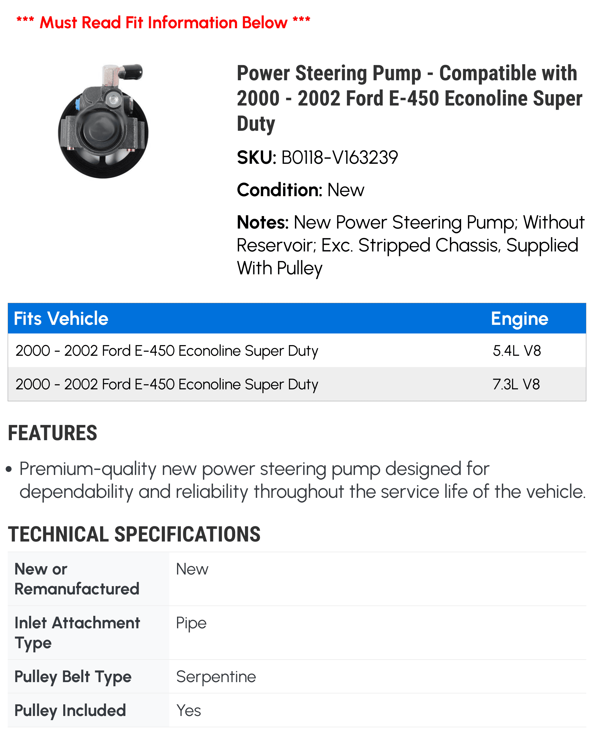 Power Steering Pump - Compatible with 2000 - 2002 Ford E-450 Econoline Super Duty 2001