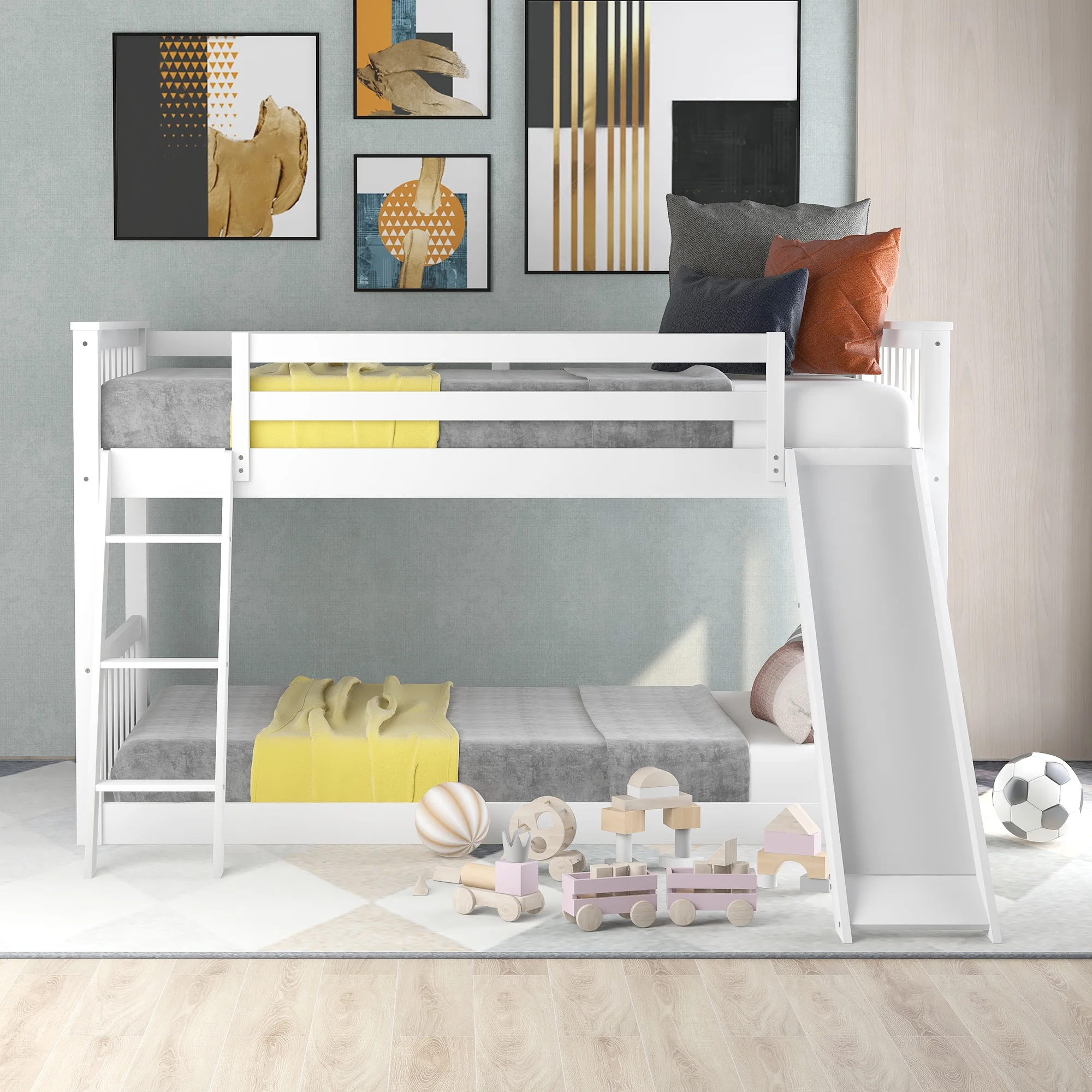 Nestfair White Twin over Twin Bunk Bed with Convertible Slide and Ladder
