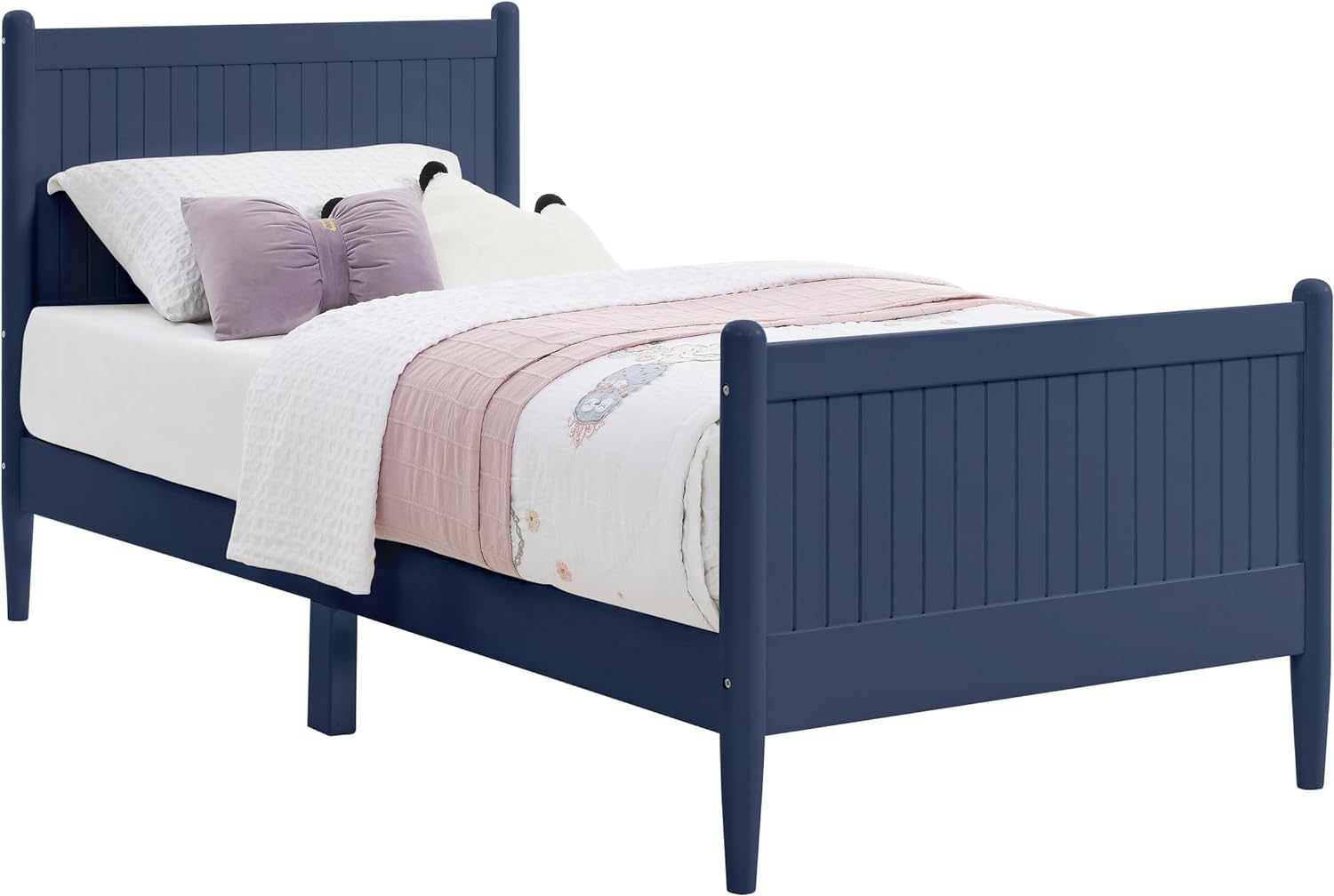 Wooden Bed Frame With Headboard & Footboard Designed With Classic Finials, Beadboard Paneling And Lathe-Turned Feet，No Box Spring Needed (Blue)