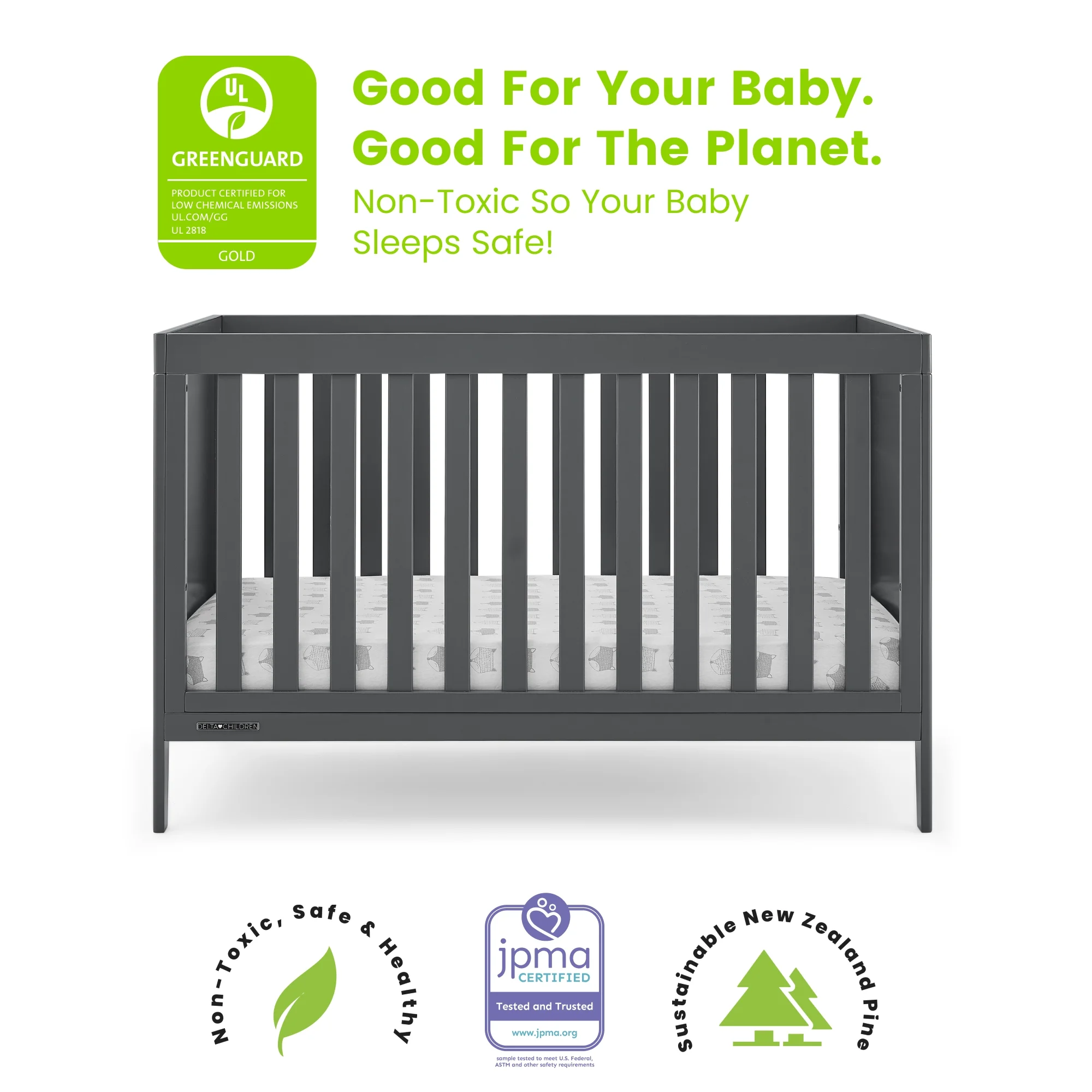 Delta Children Hayes 4-in-1 Convertible Baby Crib - Greenguard Gold Certified, Charcoal