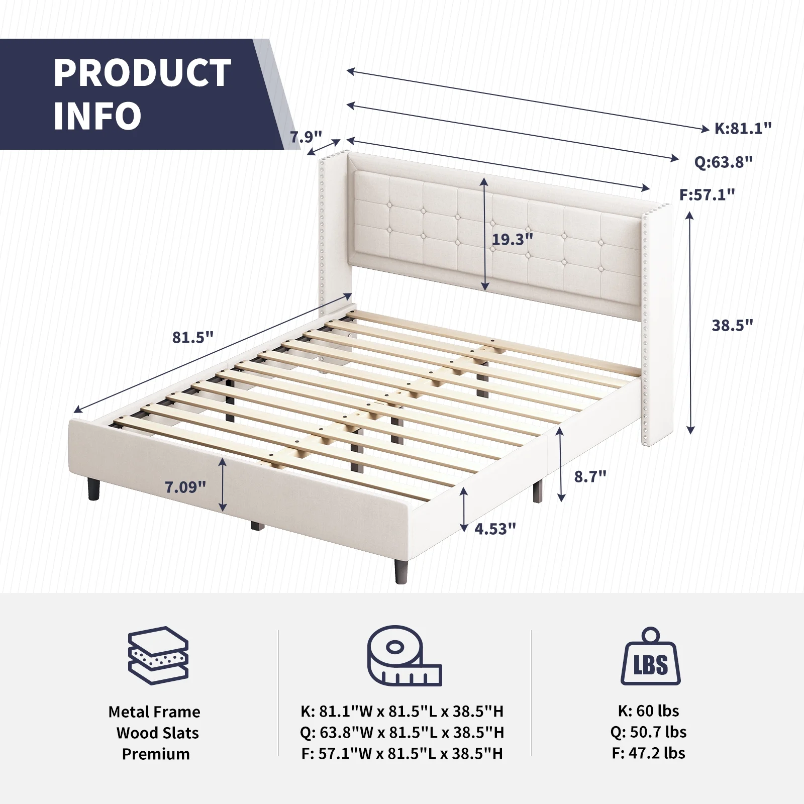 ijuicy King Size Bed Frame with Headboard, Linen Upholstered & Channel Tufted Wingback Headboard, Modern Platform Bed Frame with Rivet Design, Solid Wooden Slats, No Box Spring Needed Beige