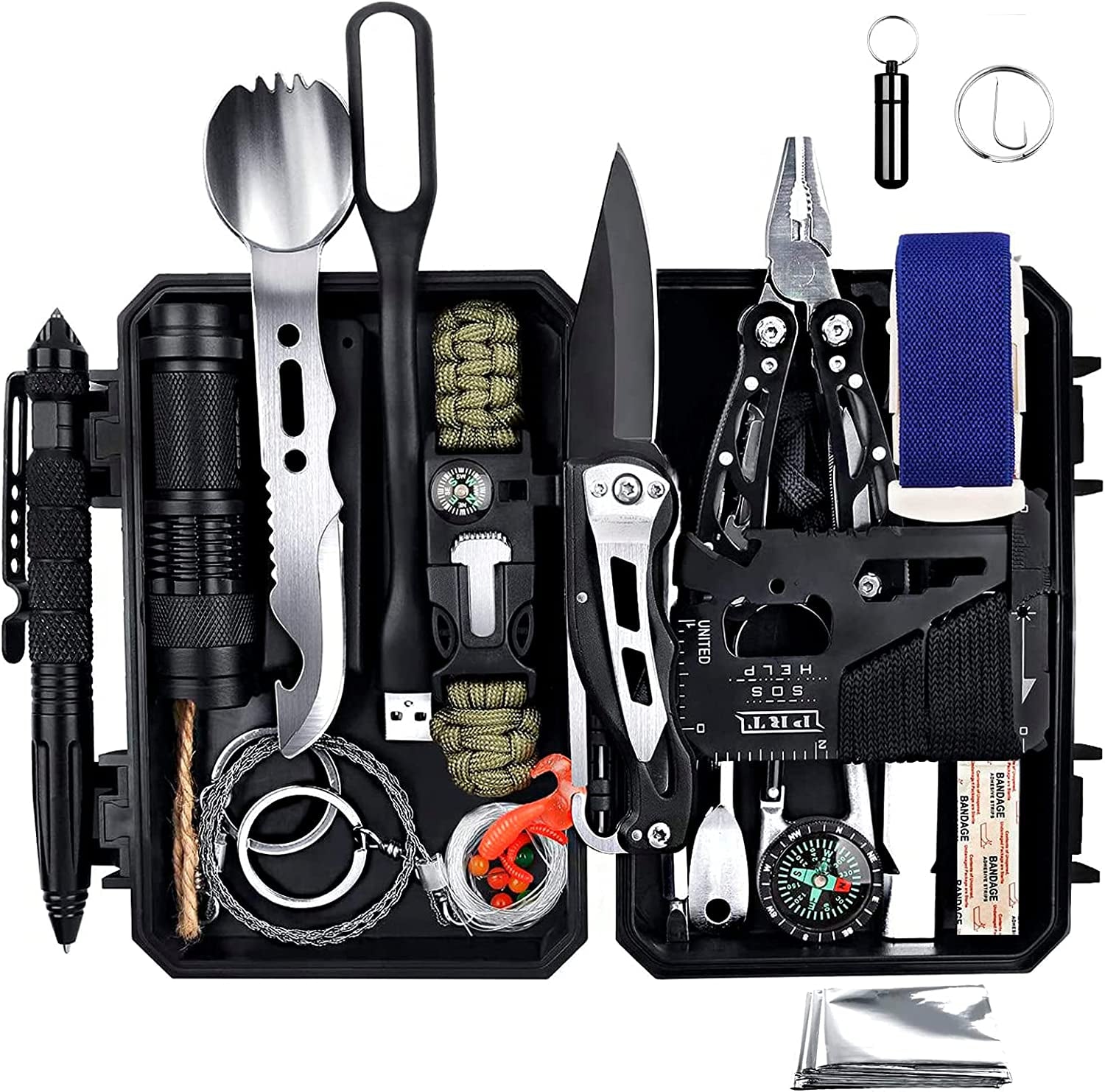 Comprehensive 60-in-1 Emergency Survival Gear Kit with Bracelet, Whistle, Flashlight, Pliers, Pen, and Wire Saw - Ideal for Camping, and Car Emergencies