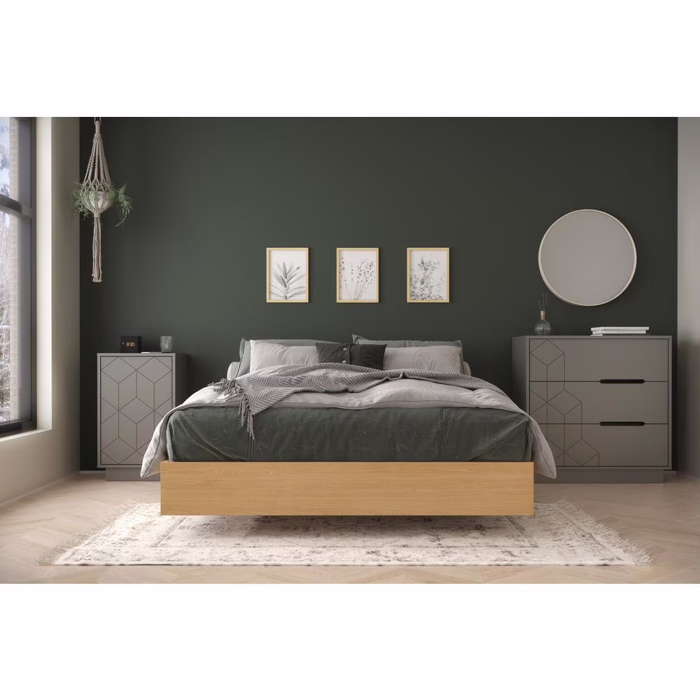 Nexera Bilou 3 Piece Full Size Bedroom Set, Natural Maple and Greige
