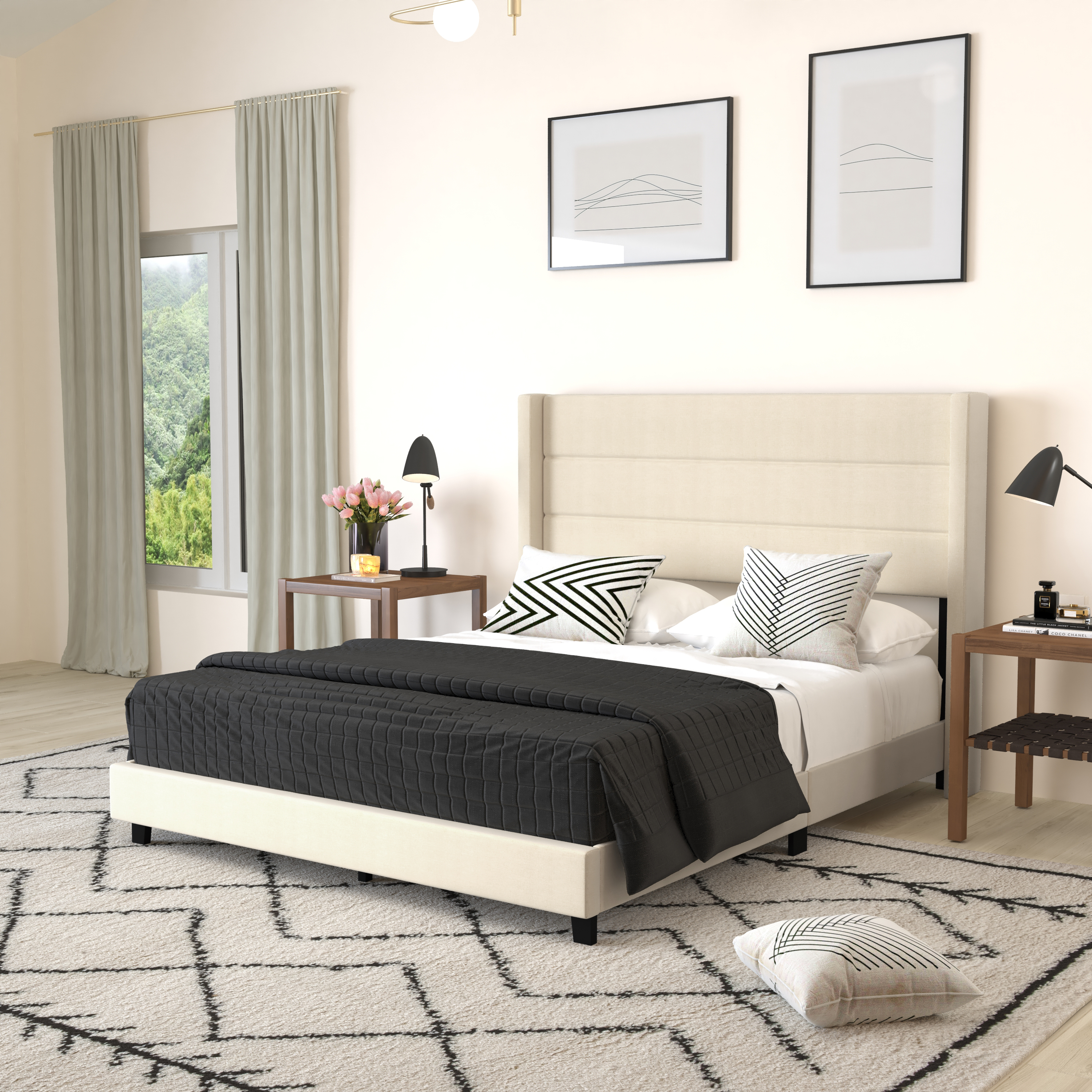 Merrick Lane Modern Queen Platform Bed with Padded Channel Stitched Beige Faux Linen Upholstered Wingback Headboard and 8.6