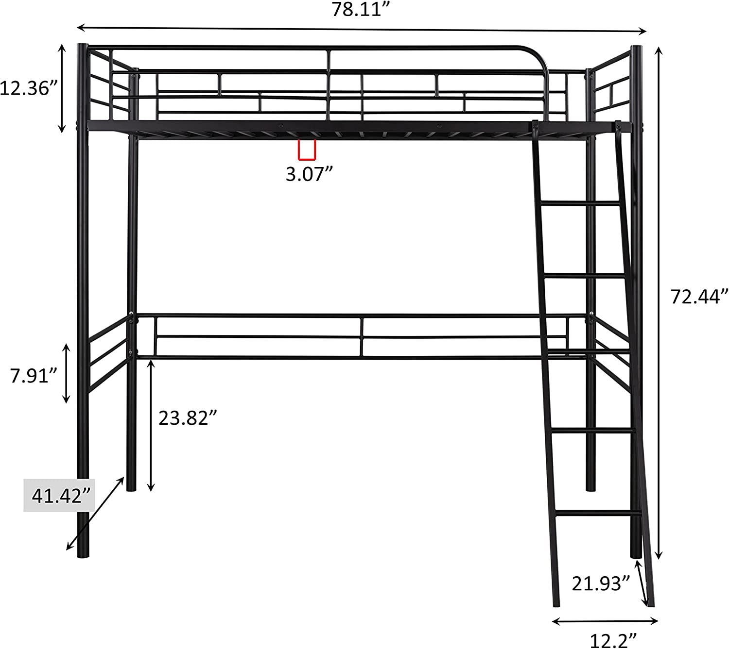 YGDU Sturdy Twin Size Metal Loft Bed with Built-in Ladder and Guardrails for Space-Saving Solution in Kids' and Teens' Rooms,Black