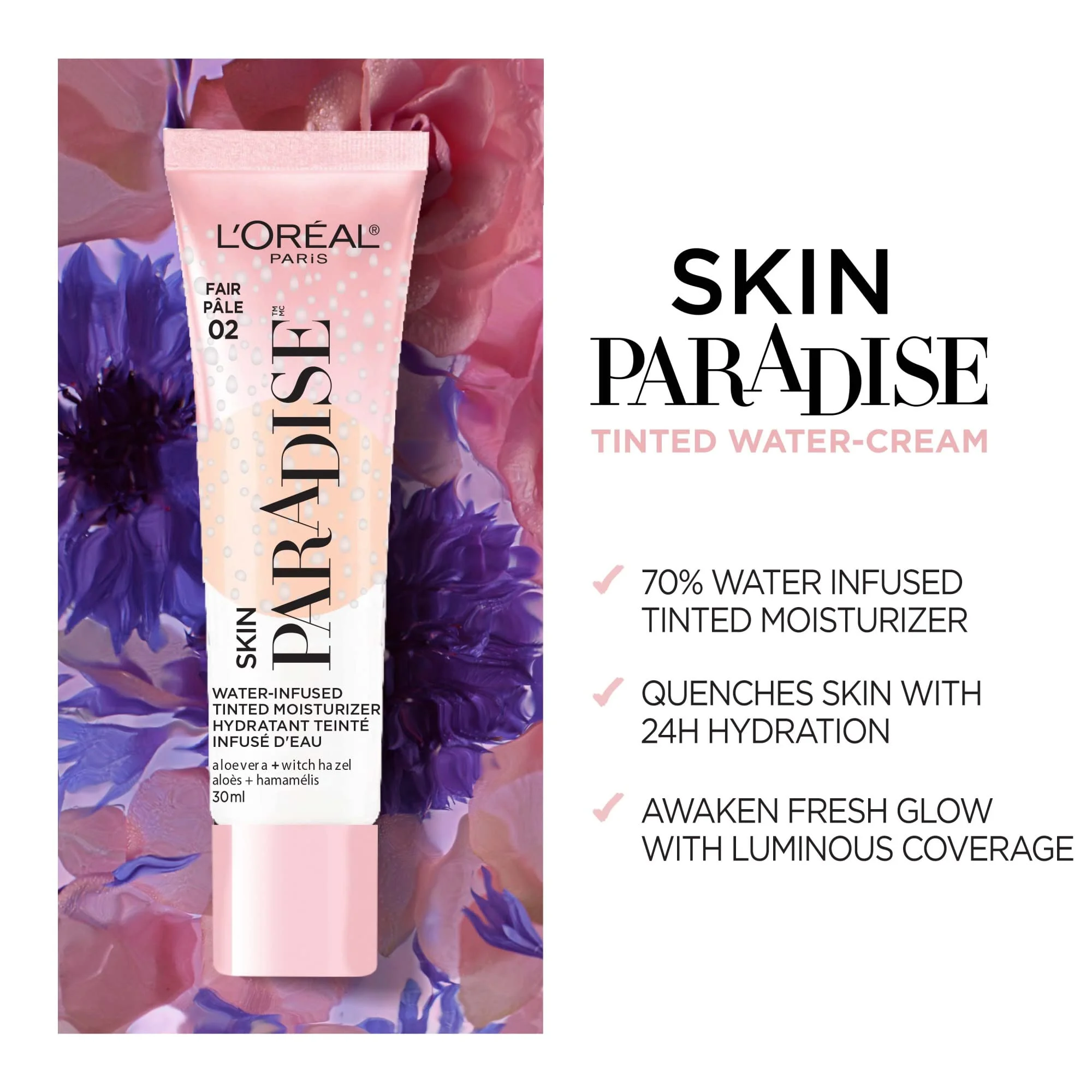 L'Oreal Paris Skin Paradise Water-infused Tinted Moisturizer with Broad Spectrum SPF 19 sunscreen lightweight, natural coverage up to 24h hydration for a fresh, glowing complexion, Medium 03, 1 fl oz
