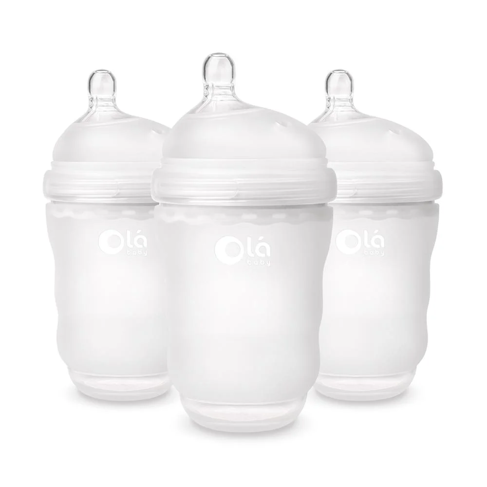 Olababy Gentle Silicone Baby Bottle, Anti-Colic, BPA free, Easy to Clean and Wide Neck Baby Bottles Best for Breast Feeding Babies 3 Piece Set (8 Ounce, Frost)