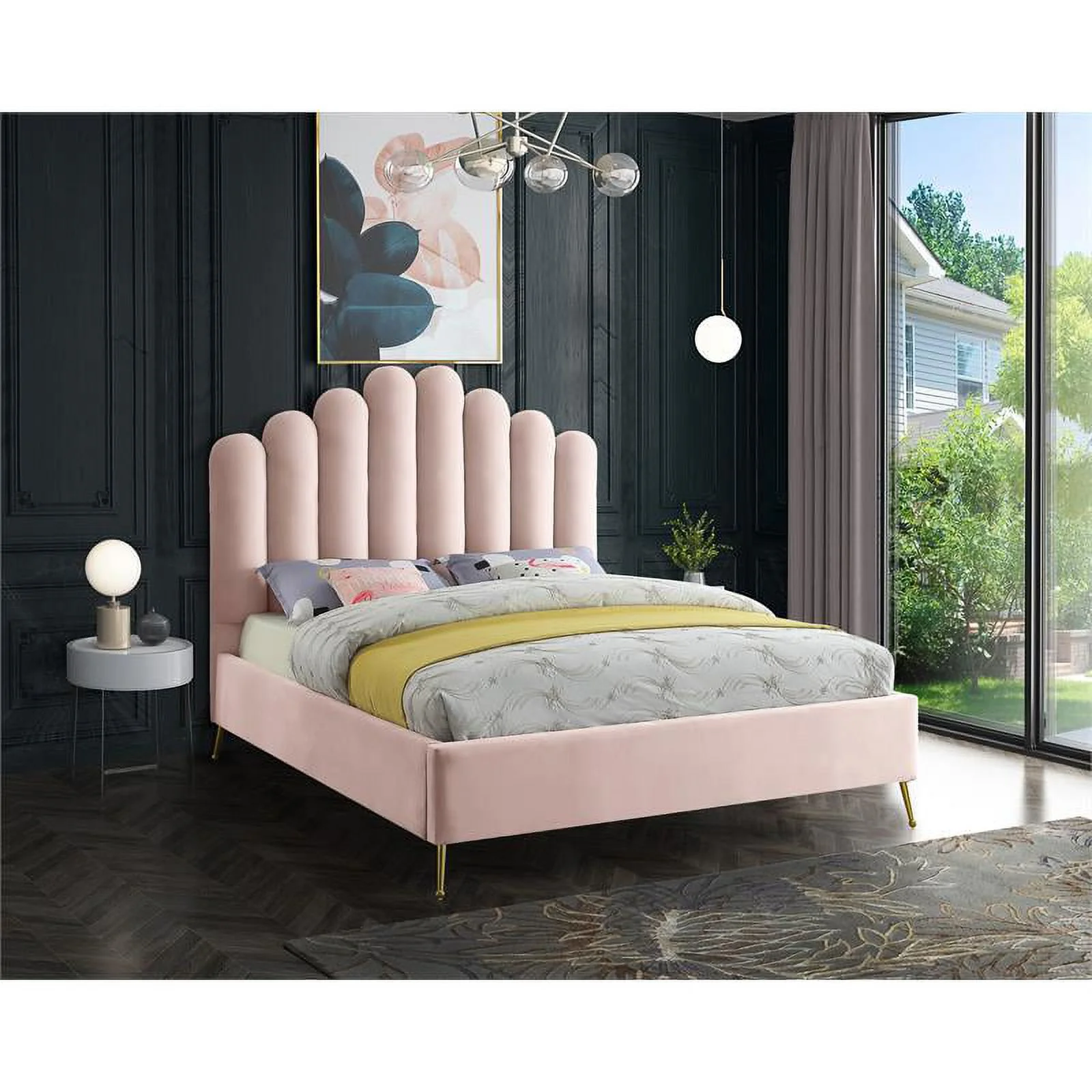 Maklaine Contemporary Solid Wood and Tufted Velvet Queen Bed in Pink