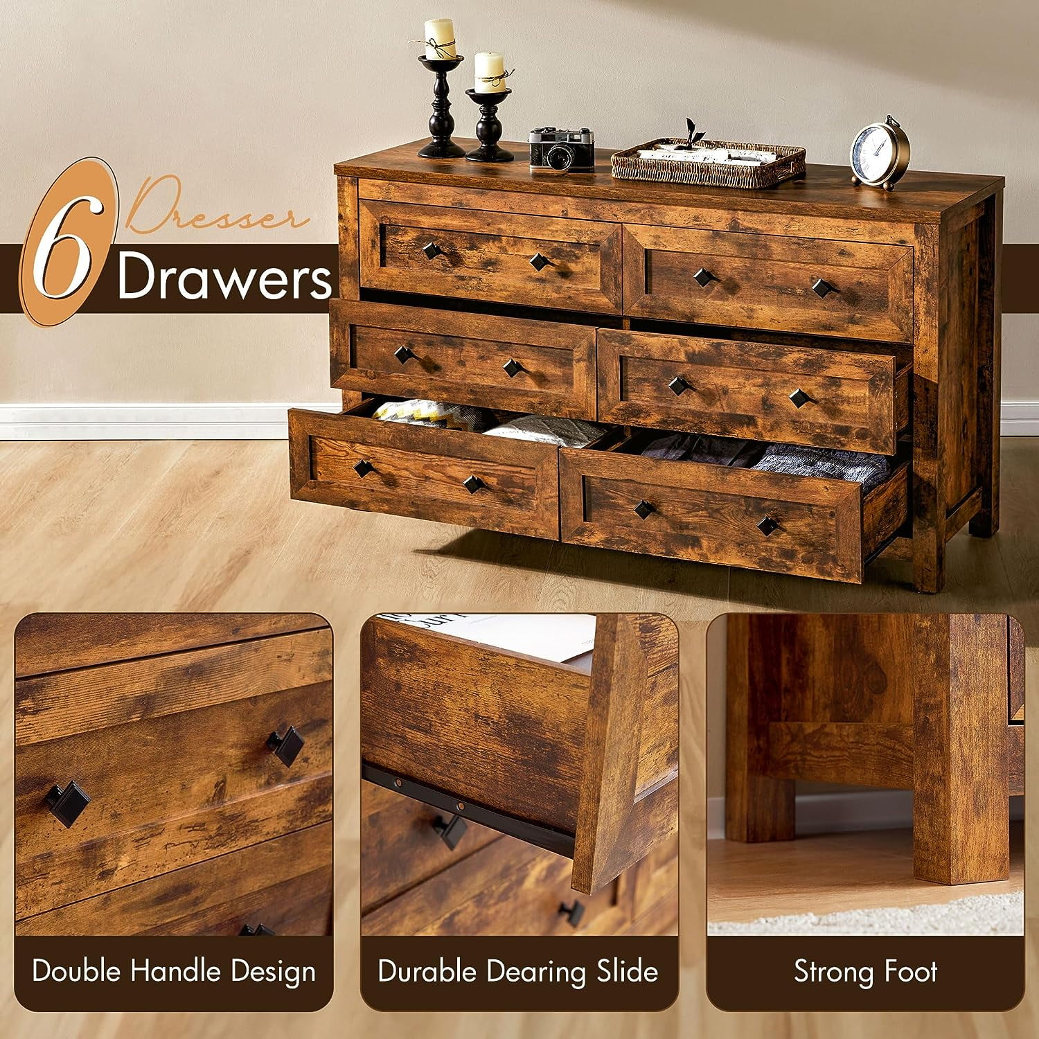 Amerlife 6 Drawers Dresser for Bedroom, Farmhouse Wood Chest of Drawers for Adult Rustic Brown