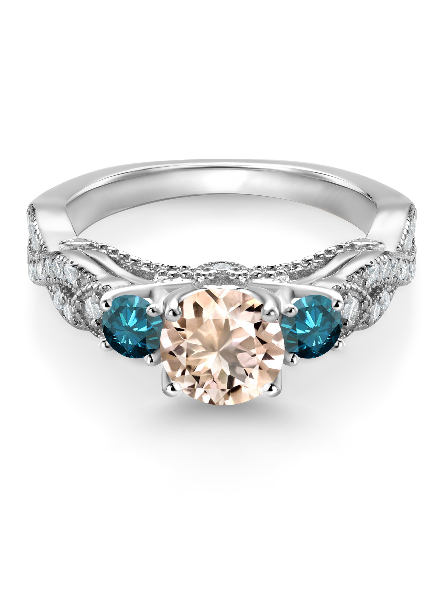 Gem Stone King 925 Sterling Silver Peach Morganite Blue Diamond and White Moissanite Engagement Ring For Women (1.07 Cttw, Gemstone October Birthstone, Round 6MM and 3MM)