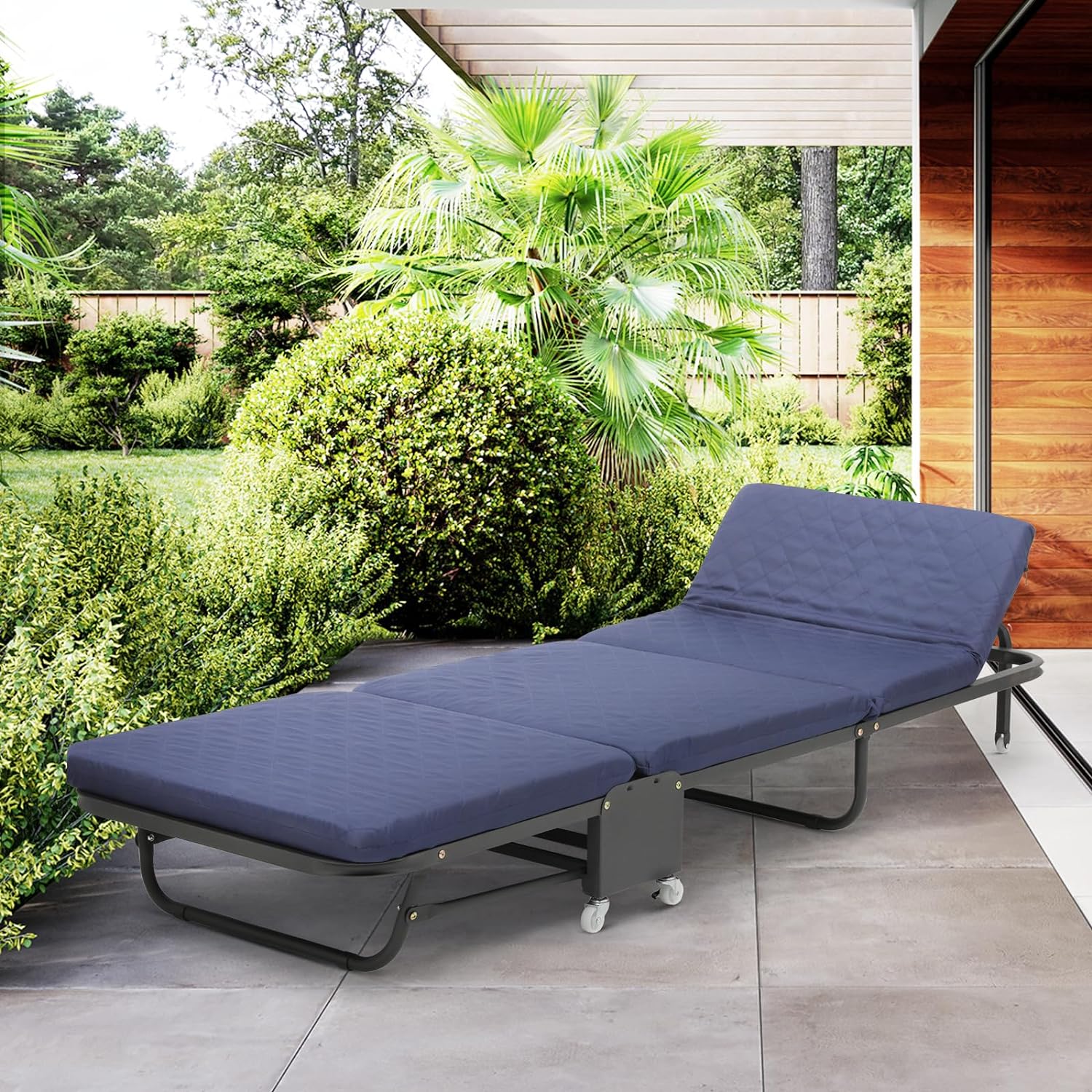 Folding Bed With Mattress, Rollaway Day Bed Cot Size For Adults W/Adjustable 6 Position, Portable Foldable Guest Bed For Home, Steady Frame With Max 660Lbs Load, Easy Storage, Navy Blue