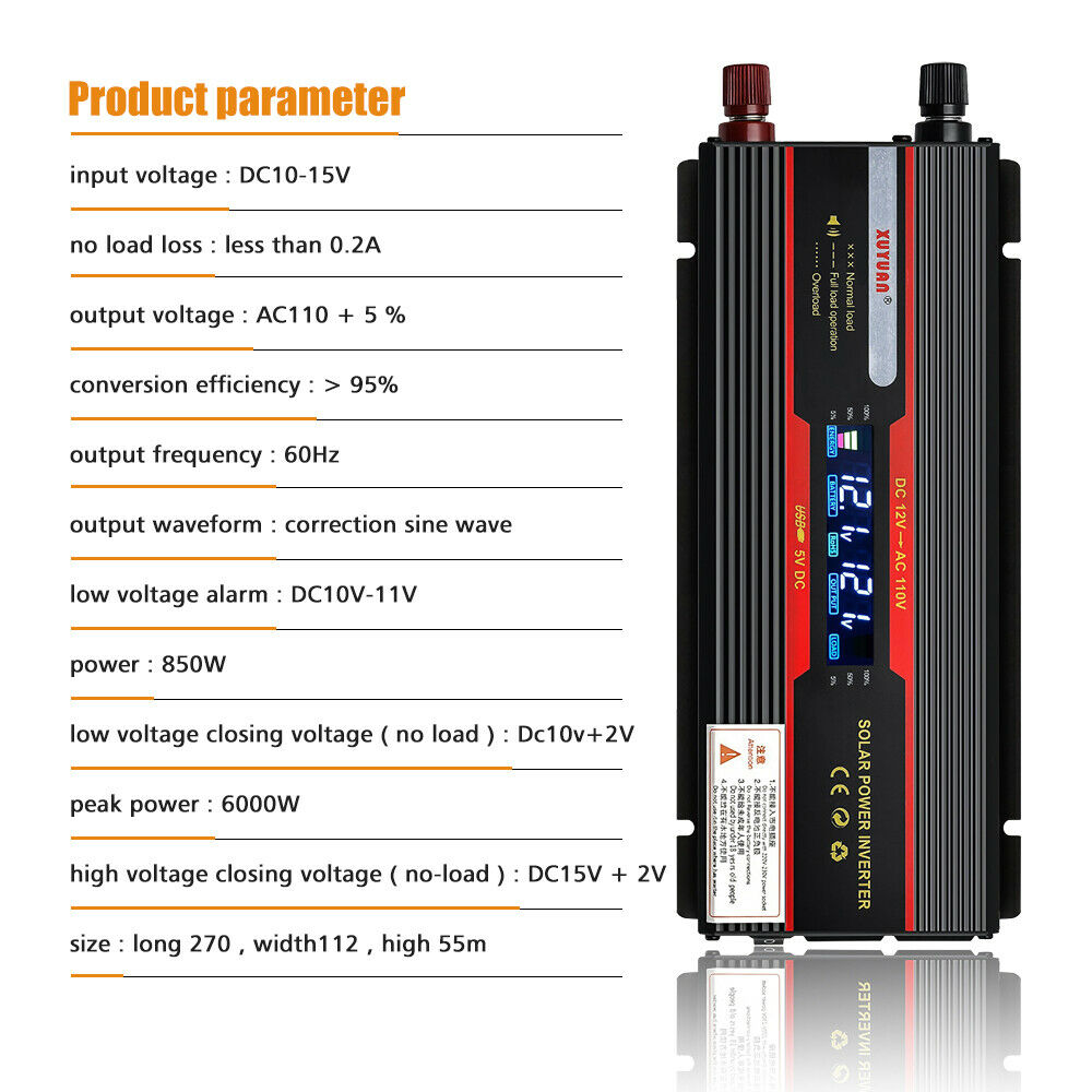 MDHAND 6000W Power Inverter DC 12V to 110V AC 2.4A 1 Smart USB Ports Adapter Car Cigarette Lighter Socket