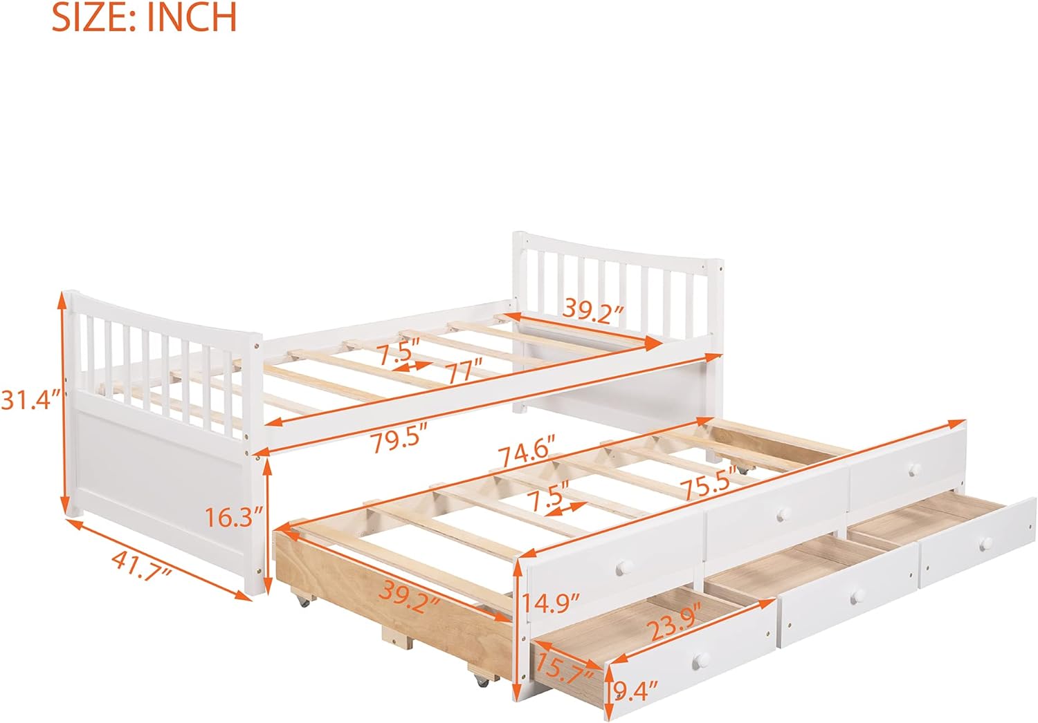 Bed With Trudle Ad Drawers, Woode Daybed With Storage Platform Bed Frame For Kids Guests ( Size, White)