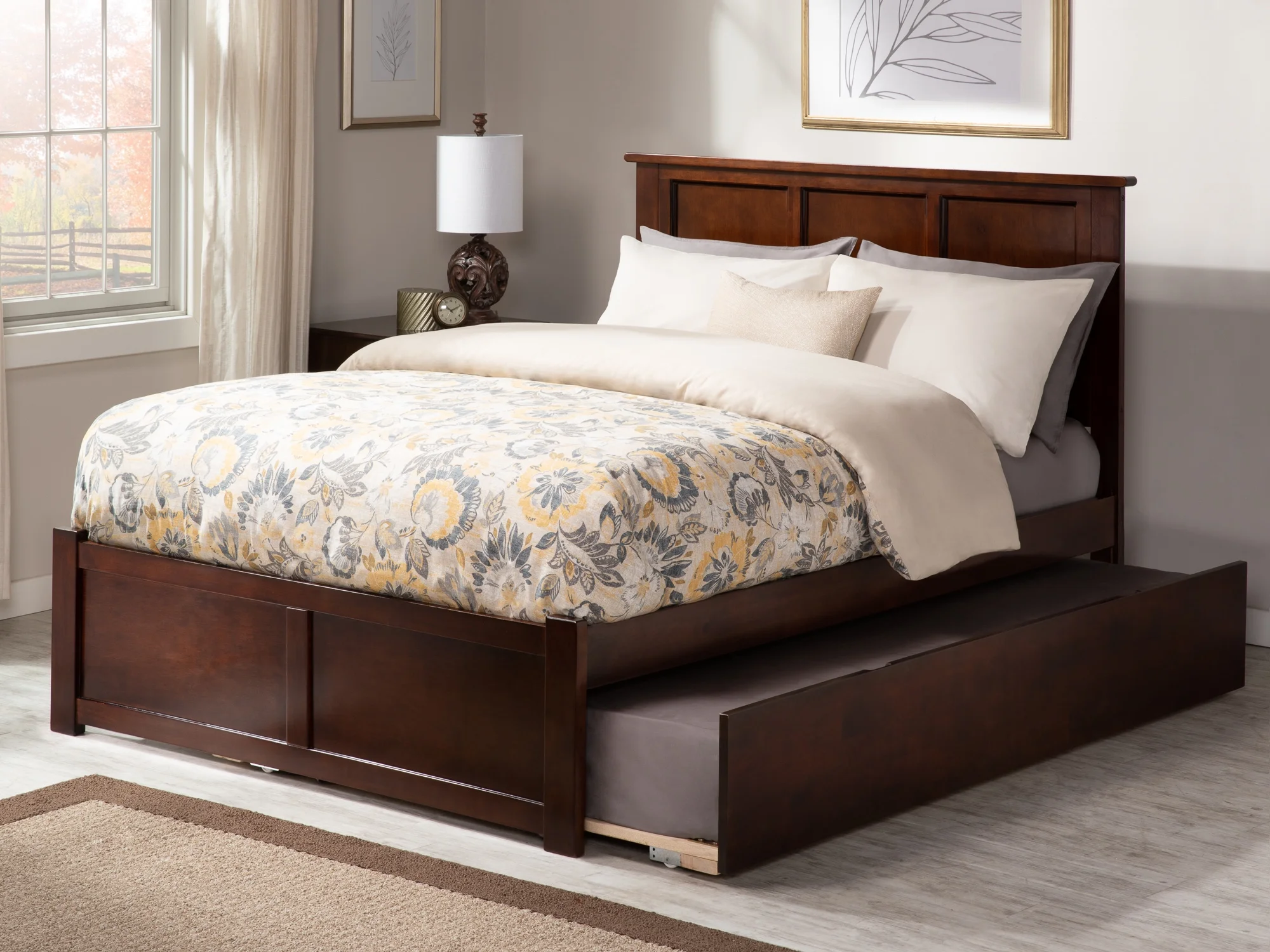 AFI Madison Full Solid Wood Platform Bed with Footboard & Full Trundle in Walnut