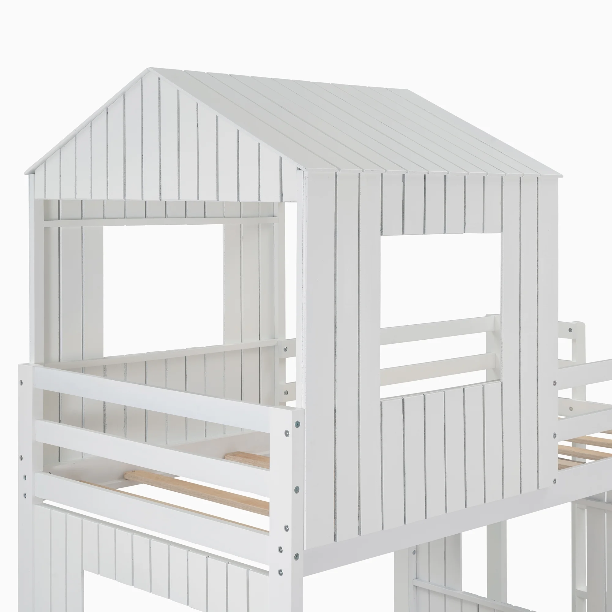 White Wooden Twin Over Full Bunk Bed with Playhouse, Farmhouse, Ladder and Guardrails