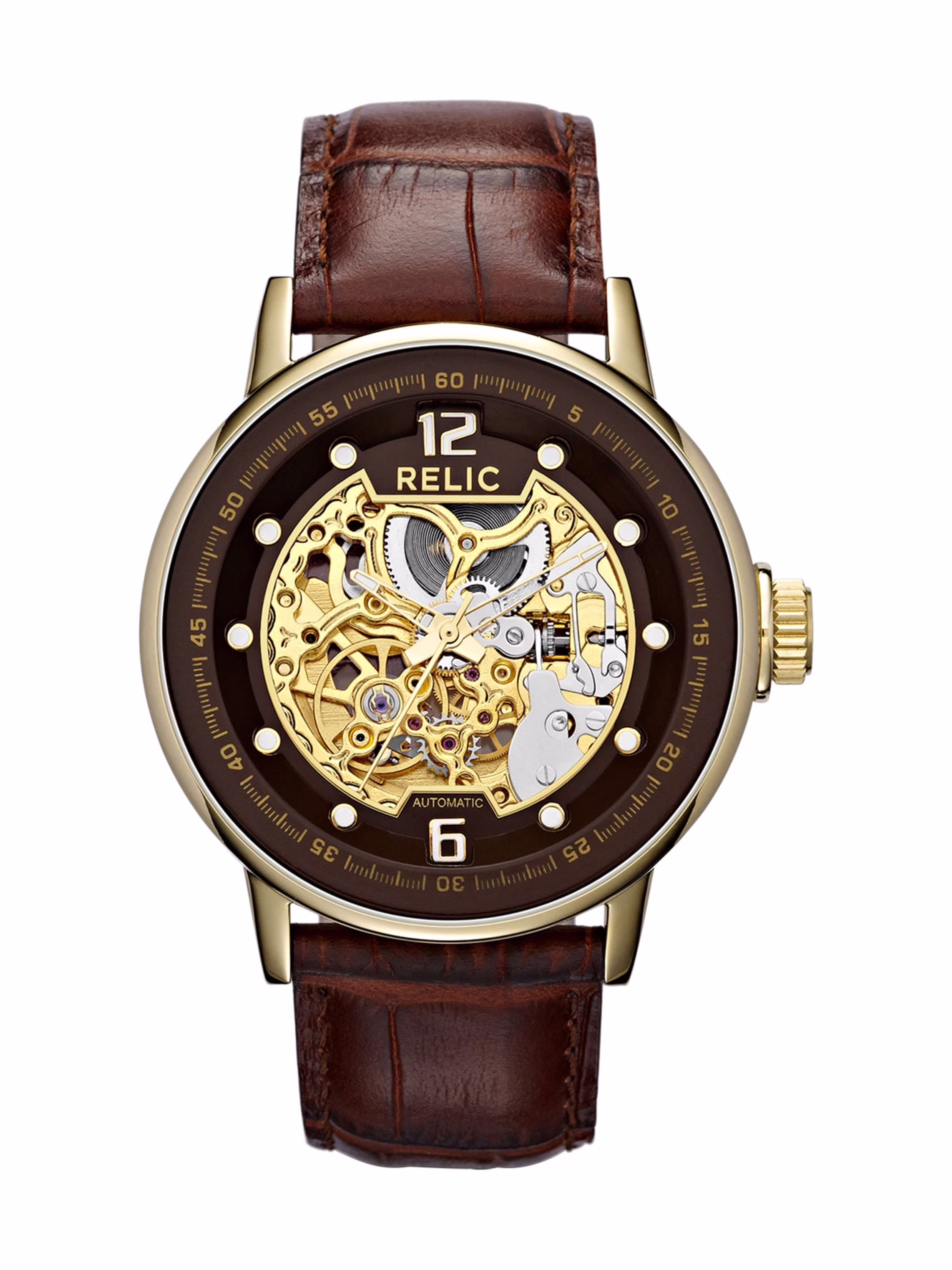 Relic By Fossil Men's Damon Automatic Stainless Steel Watch with Brown Leather Band