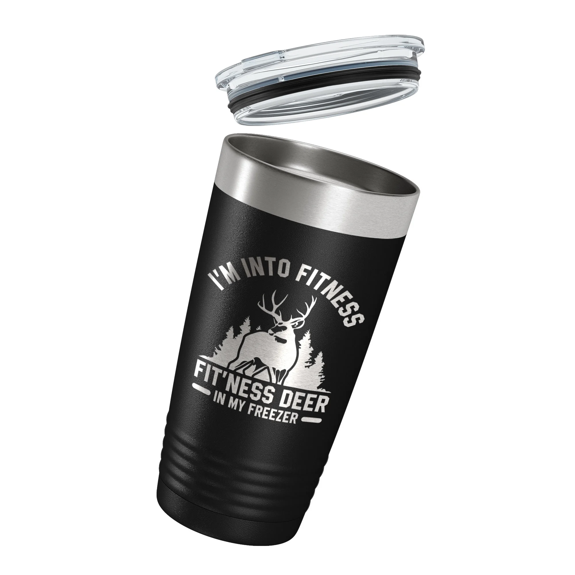 Deer Hunter Funny Tumbler Travel Mug I'm Into Fitness Fitting This Deer In My Freezer Insulated Laser Engraved Hunting Gift Coffee Cup 20 oz Black