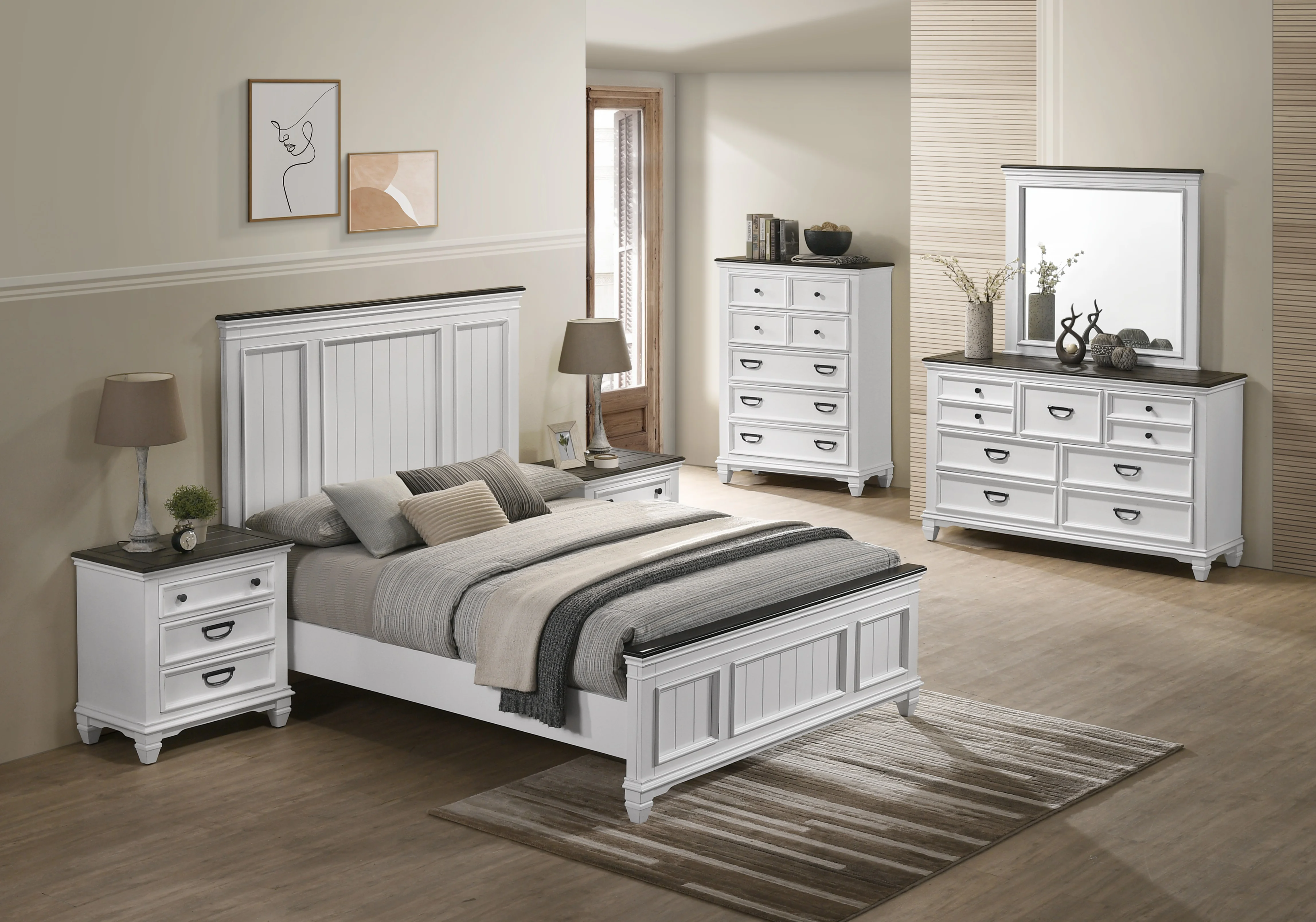 Roundhill Clelane Weathered White and Gray Finished 6-Piece Bedroom Set, Shiplap Panel Queen