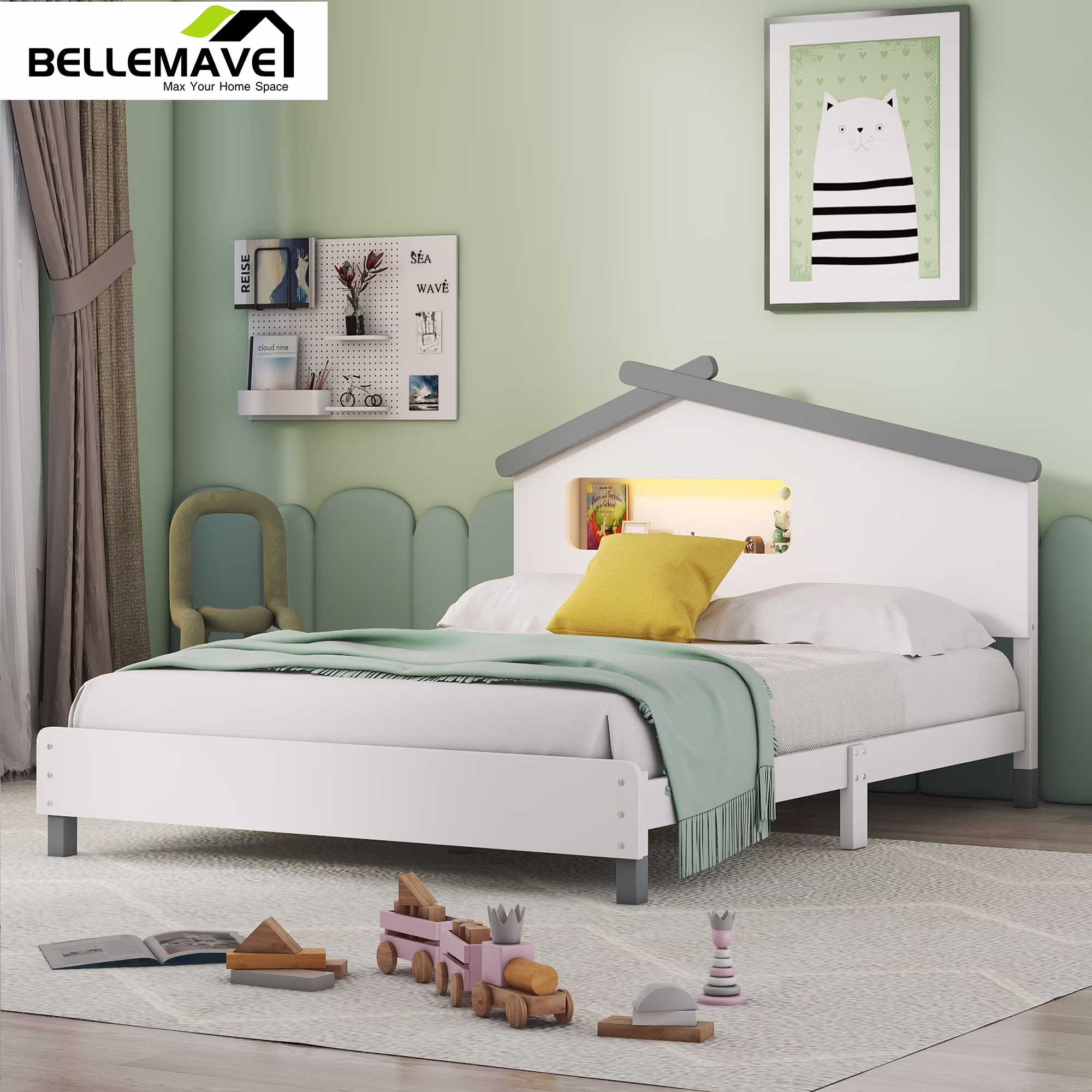 Bellemave Full Size Platform Bed with House-shaped Headboard and Motion Activated Night Light Full Wood Bed Frame with Light and Storage for Kids, Teens, No Box Spring Needed, White