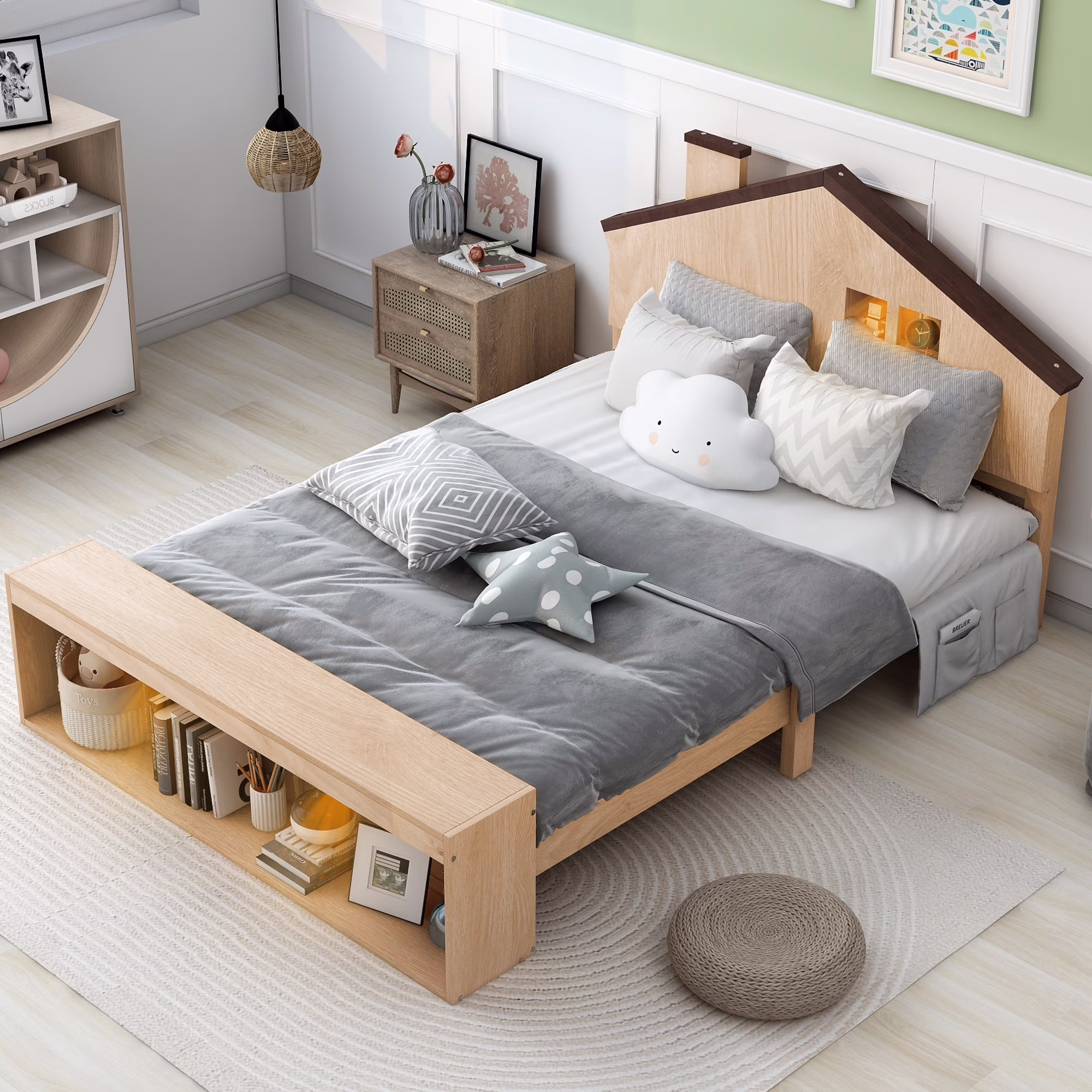 Bellemave Full Bed with LED Lights and Storage, Wood Kids Platform Bed with House-Shaped Headboard, Cute Single Full Led Bed for Girls Boys(Natural)
