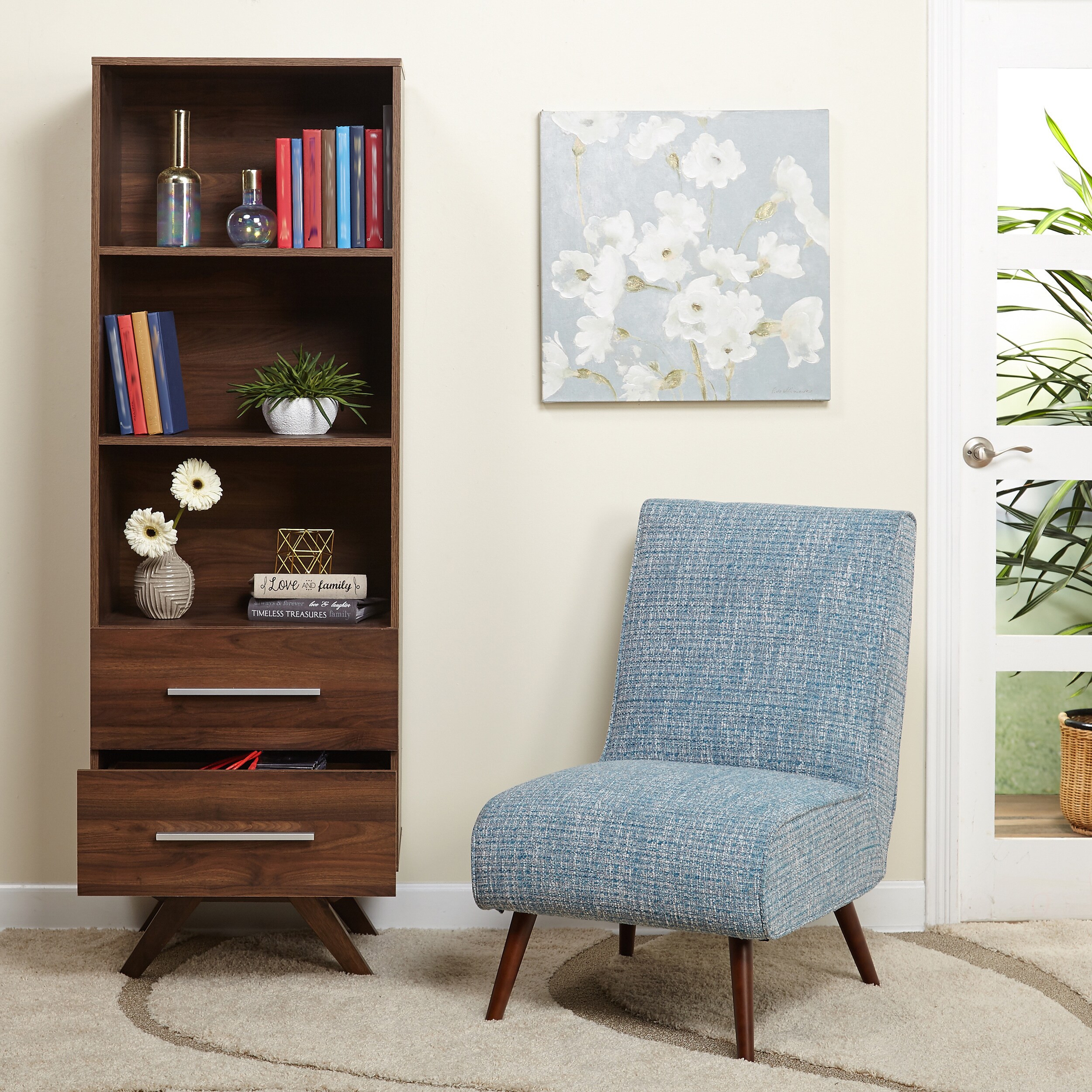 Simple Living  Ashfield Mid Century Walnut finish Bookshelf Tower with Two (2) drawers