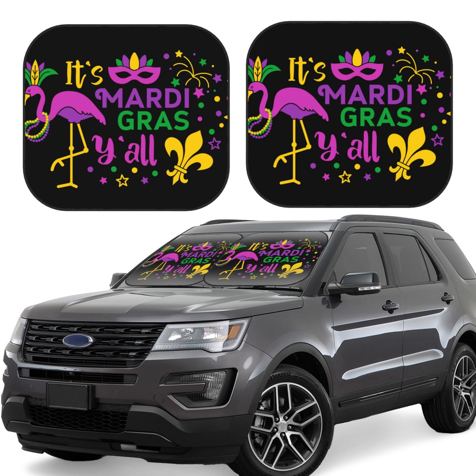 Lukts Mardi Gras With Flamingo Print 2 Piece Car Sun Shade Windshield,Foldable Car Shade Front Windshield With Keeps Your Vehicle Cool, For Most Sedans Suv And Trucks - Small