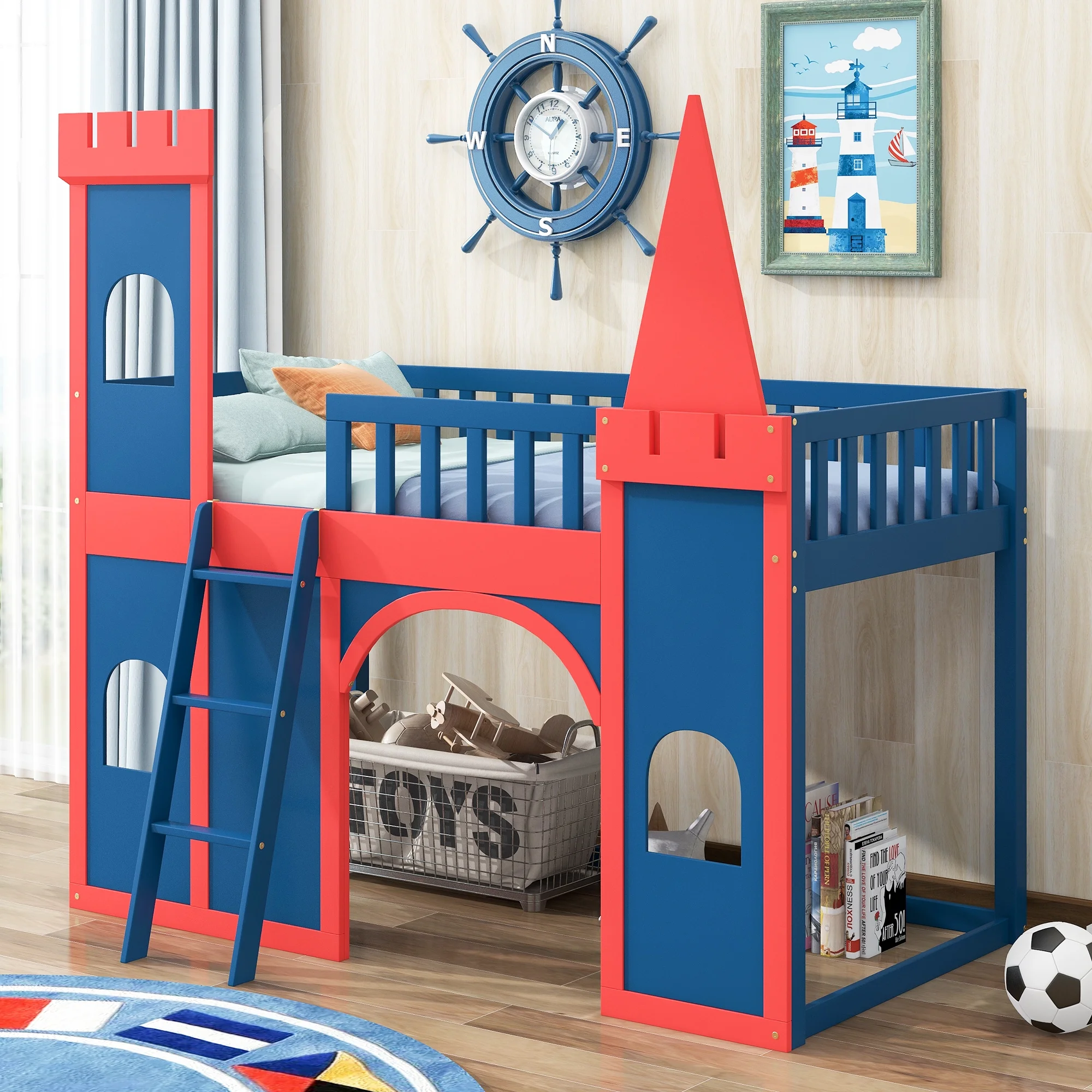 CoSoTower Twin Size Castle Shaped Loft Bed With Underbed Storage Space, Red