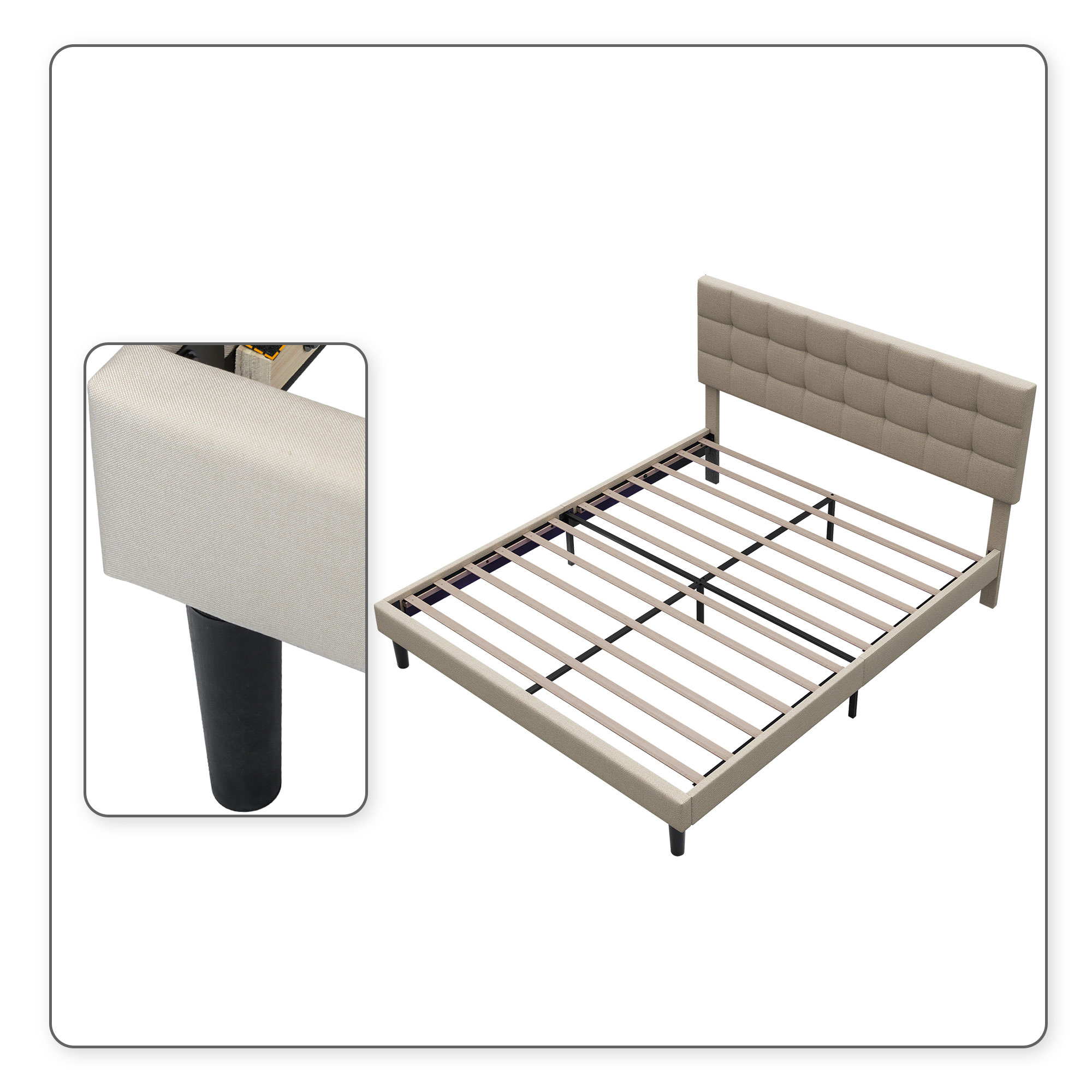 Modern and Elegant Linen Fabric Queen Size Upholstered Platform Bed with Adjustable Headboard and Wooden Frame, Beige
