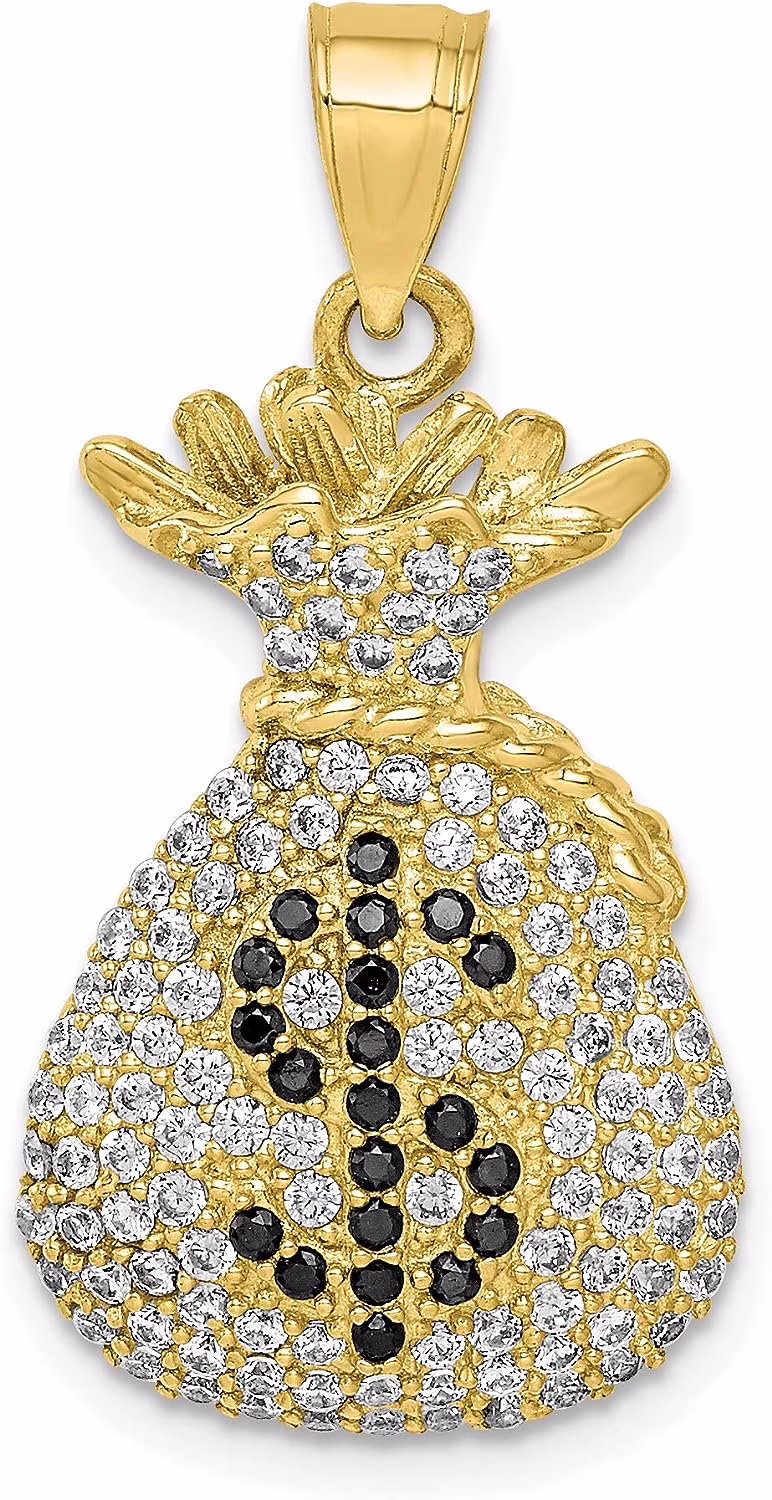 Avariah Diamonds Solid 10K Yellow Gold Black and Clear CZ Micro Pave Money Bag Pendant