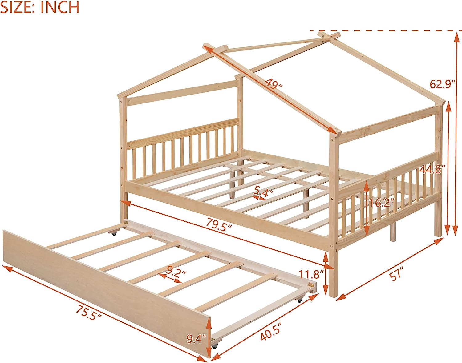 House Bed Wih rundle, Full House Bed For Kids, Wooden Daybed Plaform Bed Frame Wih Headboard, Fooboard And Roof, For Girls Boys (Full Size, Naural)