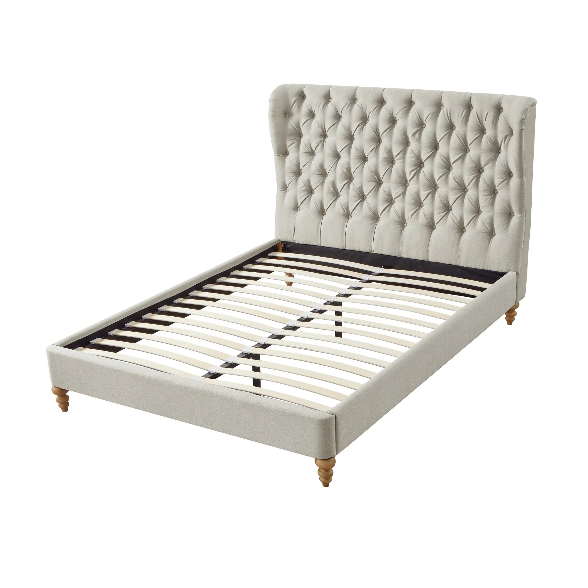 Cream Solid Wood Twin Tufted Upholstered Linen Bed