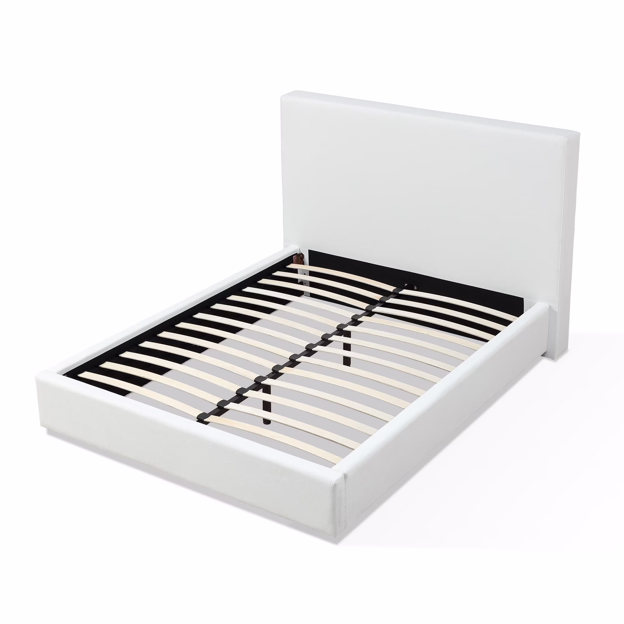 Benjara Uma Queen Size Platform Bed, Tall Panel Headboard, Cream Canvas Upholstery