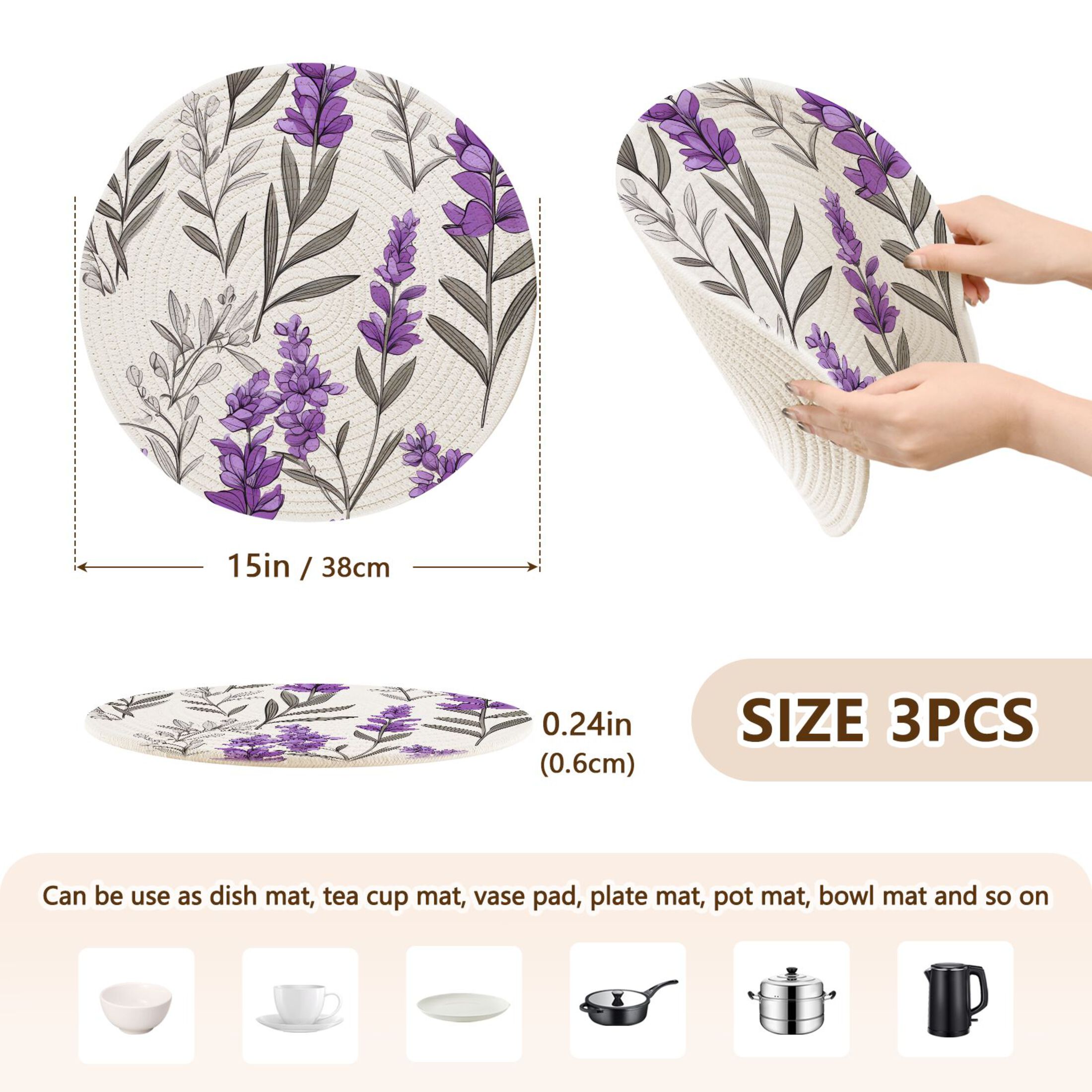 Lavenders Violet 3 PCs Pot Holders Trivets Kitchen 15