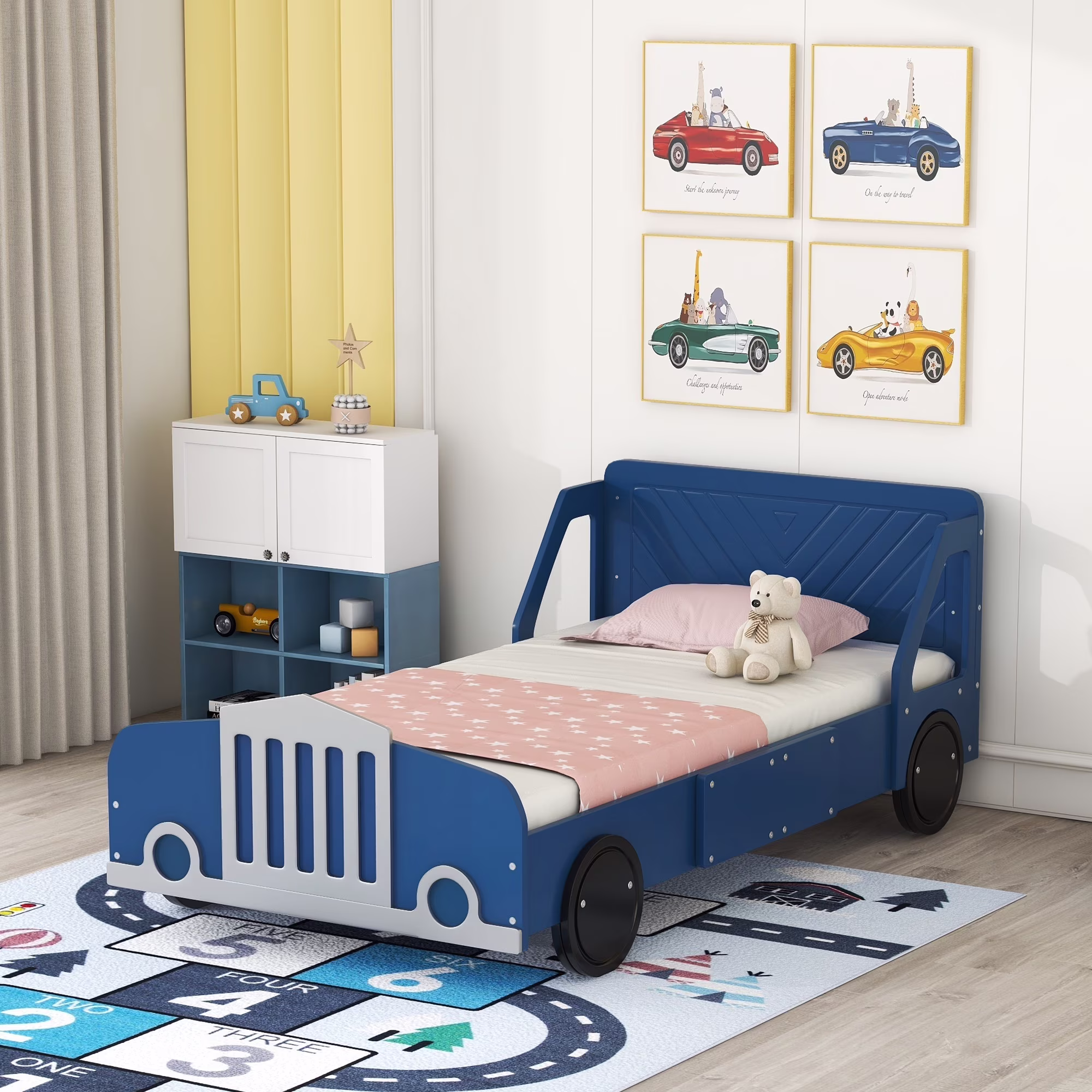 Churanty Twin Size Car-Shaped Platform Bed with Wheels,Blue