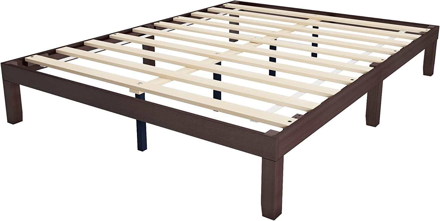 AngLink Queen Size Wood Platform Bedframe - No Headboard Bed Frame with 10 Legs Support, No Box Spring Needed, Strong Wood Slat Support, Easy Assembly丨Coffee