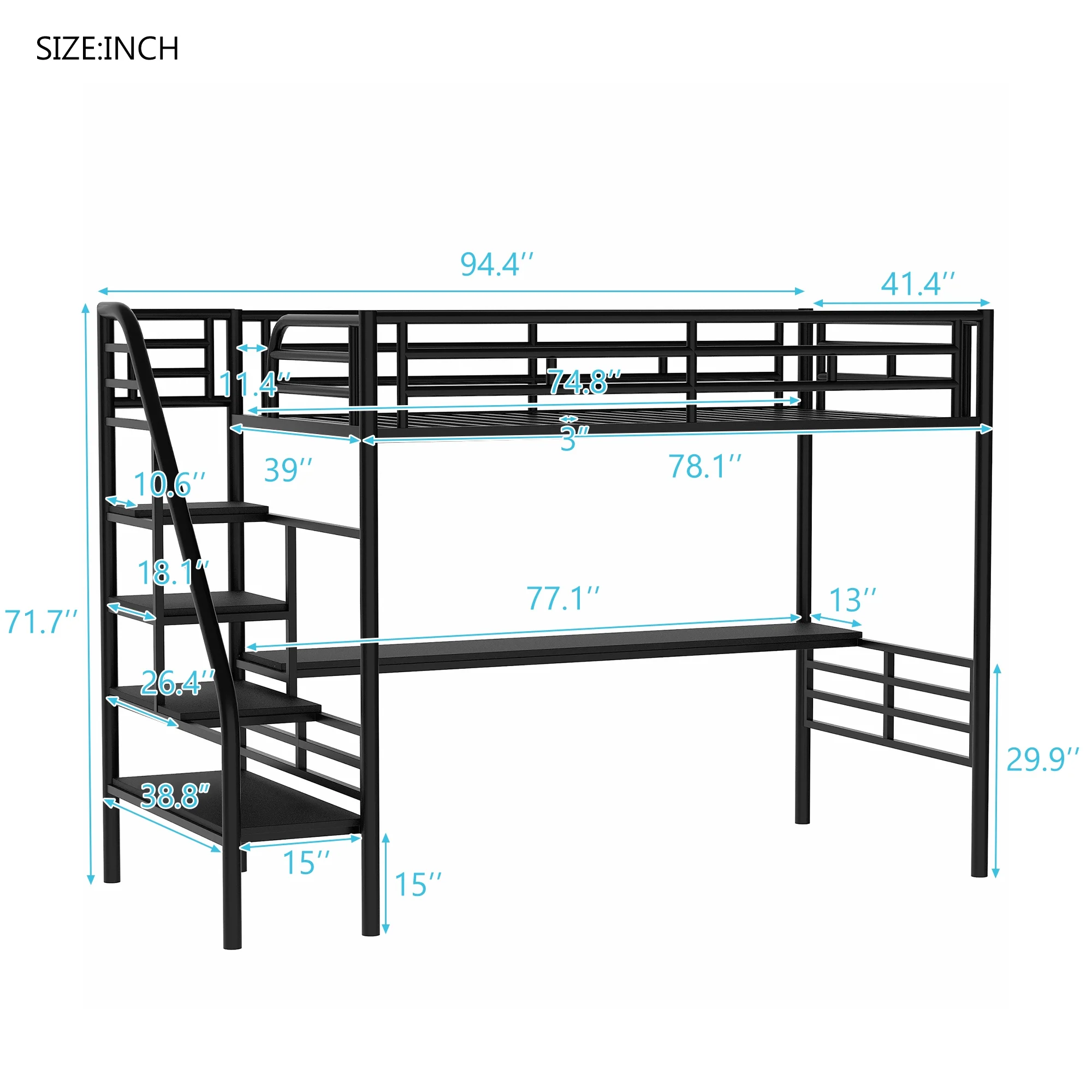 Leadzm Metal Loft Bed Frame with Desk, No Box Spring Needed,Twin ,Black