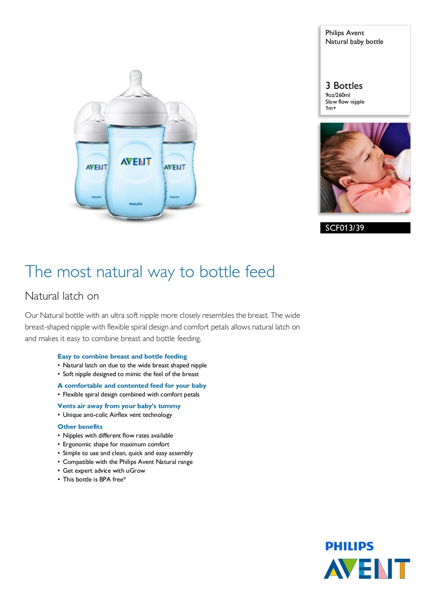 Philips Avent Natural Baby Bottle, Blue, 9oz, 3pk, SCF013/39