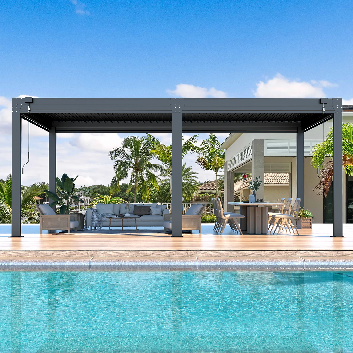 Hommow 10'x 20' Louvered Pergola with Pull-Down Privacy Screen, Hardtop Aluminum Rainproof Pergola for Patio, Dark Gray